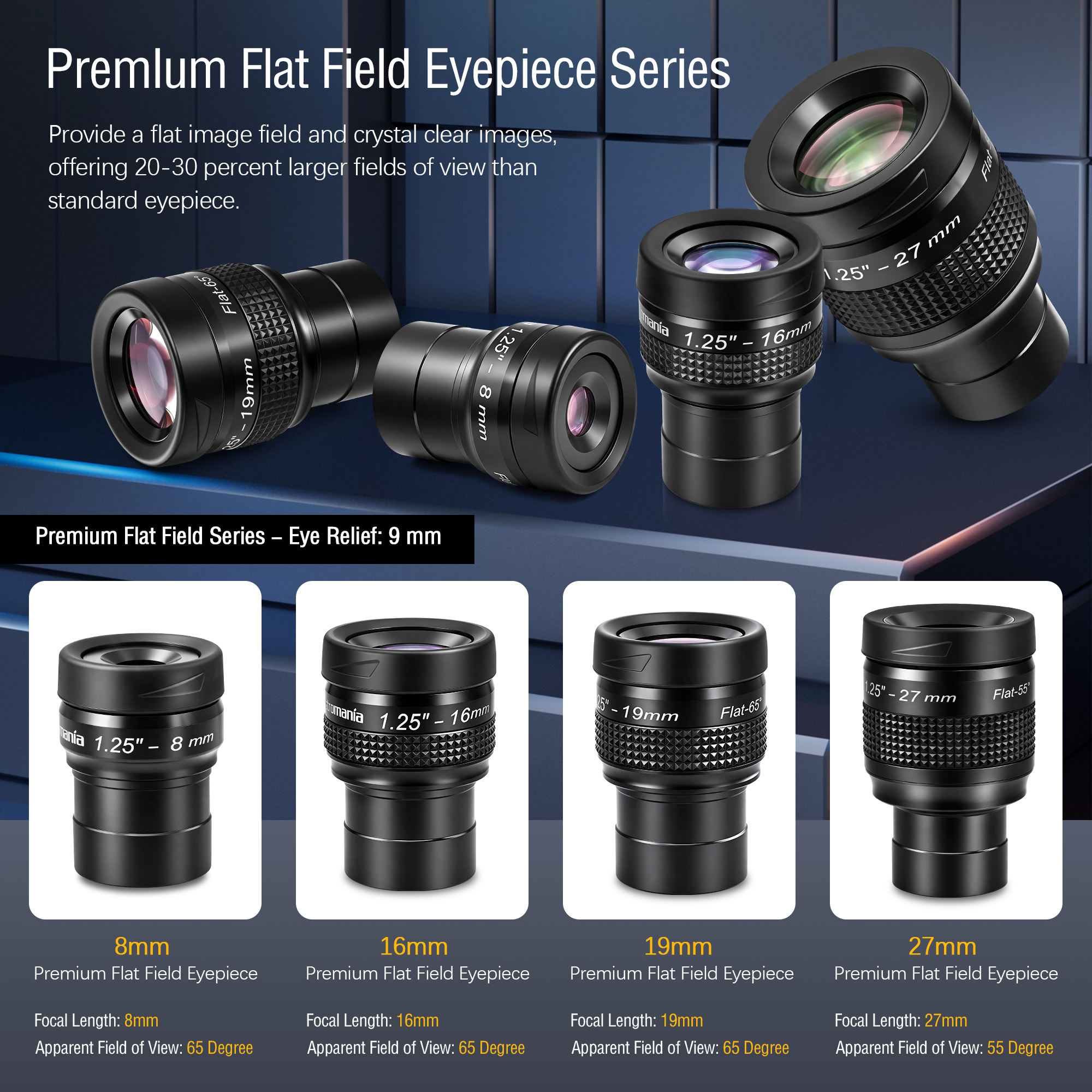 Astromania Telescope Eyepiece Flat Field Eyepiece 8mm Fully Mutil Coated 1.25 inch Metal 65 Degree Ultra Wide Angle Telescope Accessory for Astronomy Telescope, Flat Image Field & Crystal Clear Images