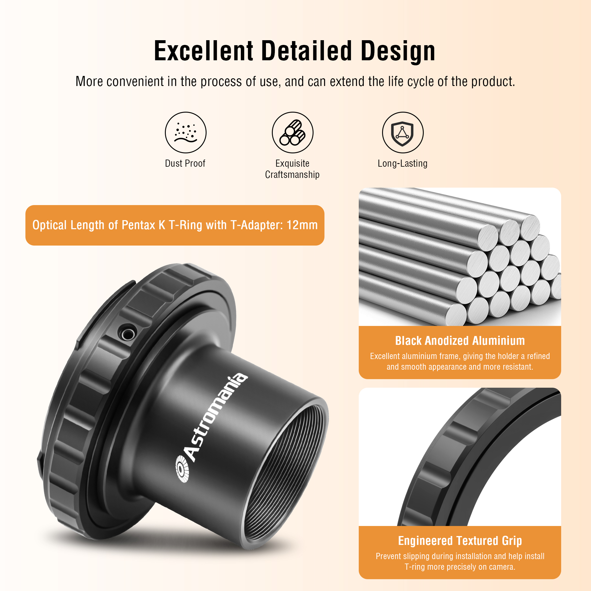 Astromania Telescope Photo Camera Adapter for Astrophotography, T Adapter (T-Mount) and T2 T Ring 1.25 inch Telescope Accessories for 42mm Pentax-K SLR/DSLR Cameras & 1.25 inches Astronomy Telescopes