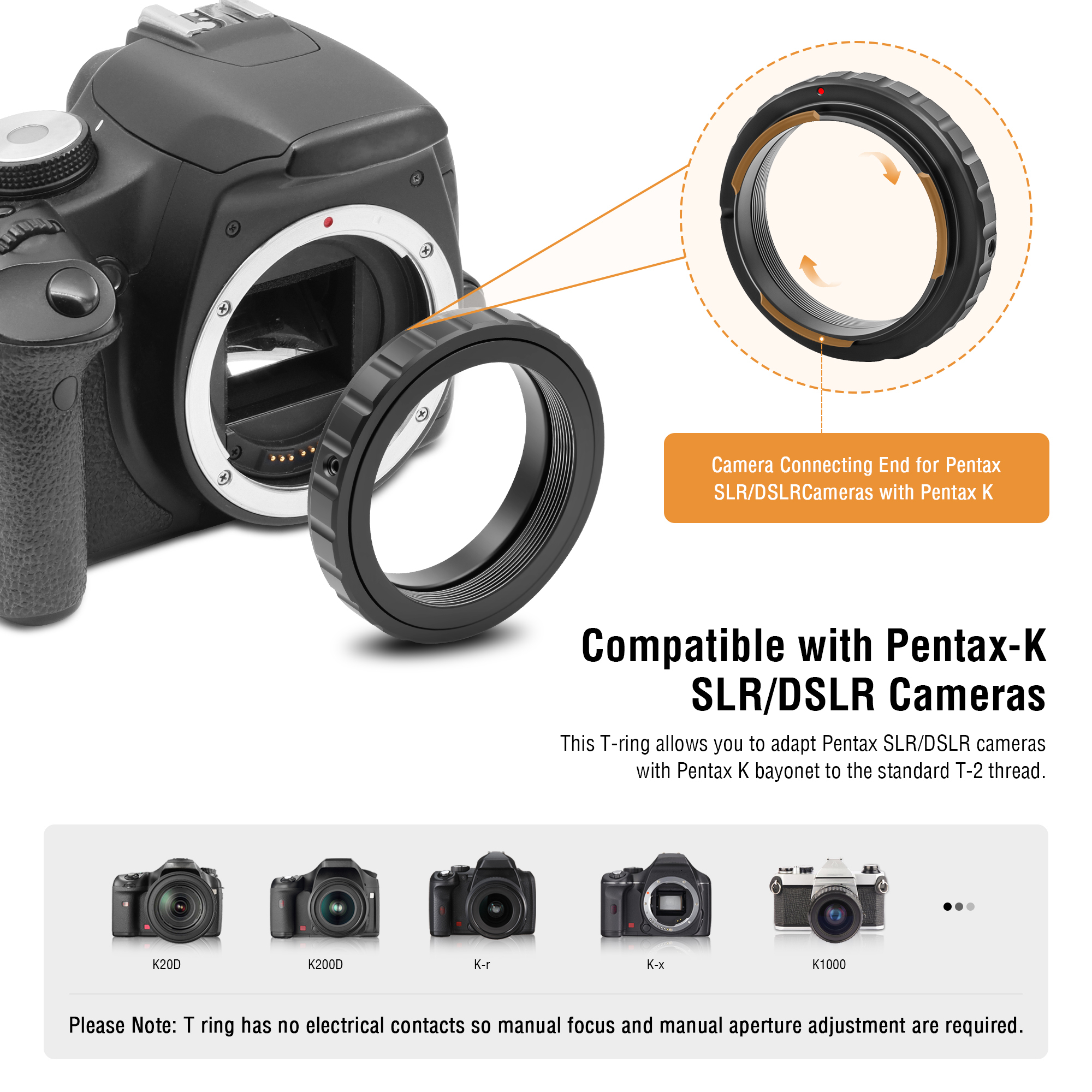 Astromania Telescope Photo Camera Adapter for Astrophotography, T Adapter (T-Mount) and T2 T Ring 1.25 inch Telescope Accessories for 42mm Pentax-K SLR/DSLR Cameras & 1.25 inches Astronomy Telescopes