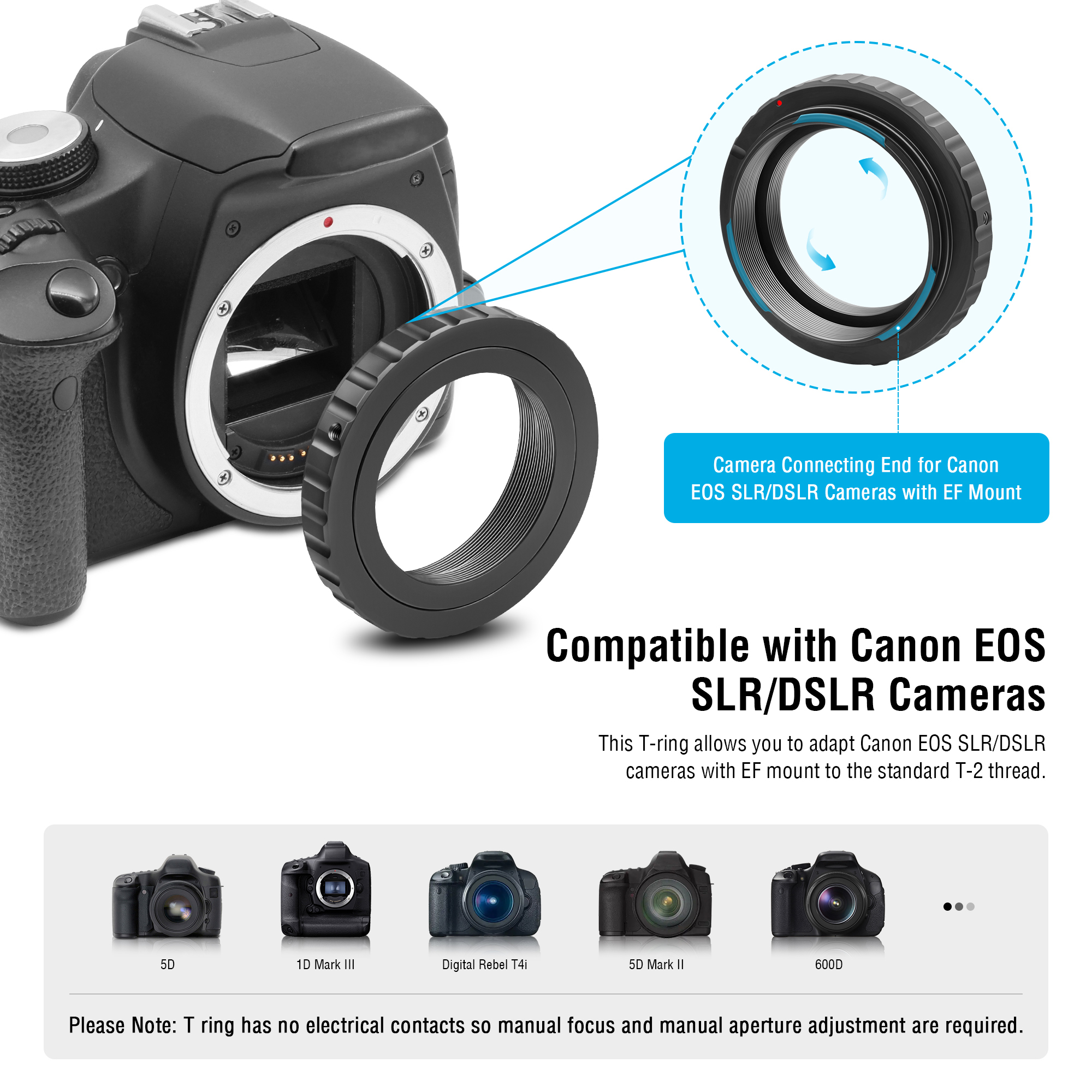 Astromania Telescope Camera Adapter, T2 T Ring and T Adapter M42x0.75 Male Thread to 1.25 Inches Telescope Photo Adapter, T-Mount Telescope Astrophotography Accessories for Canon EOS SLR/DSLR Camera