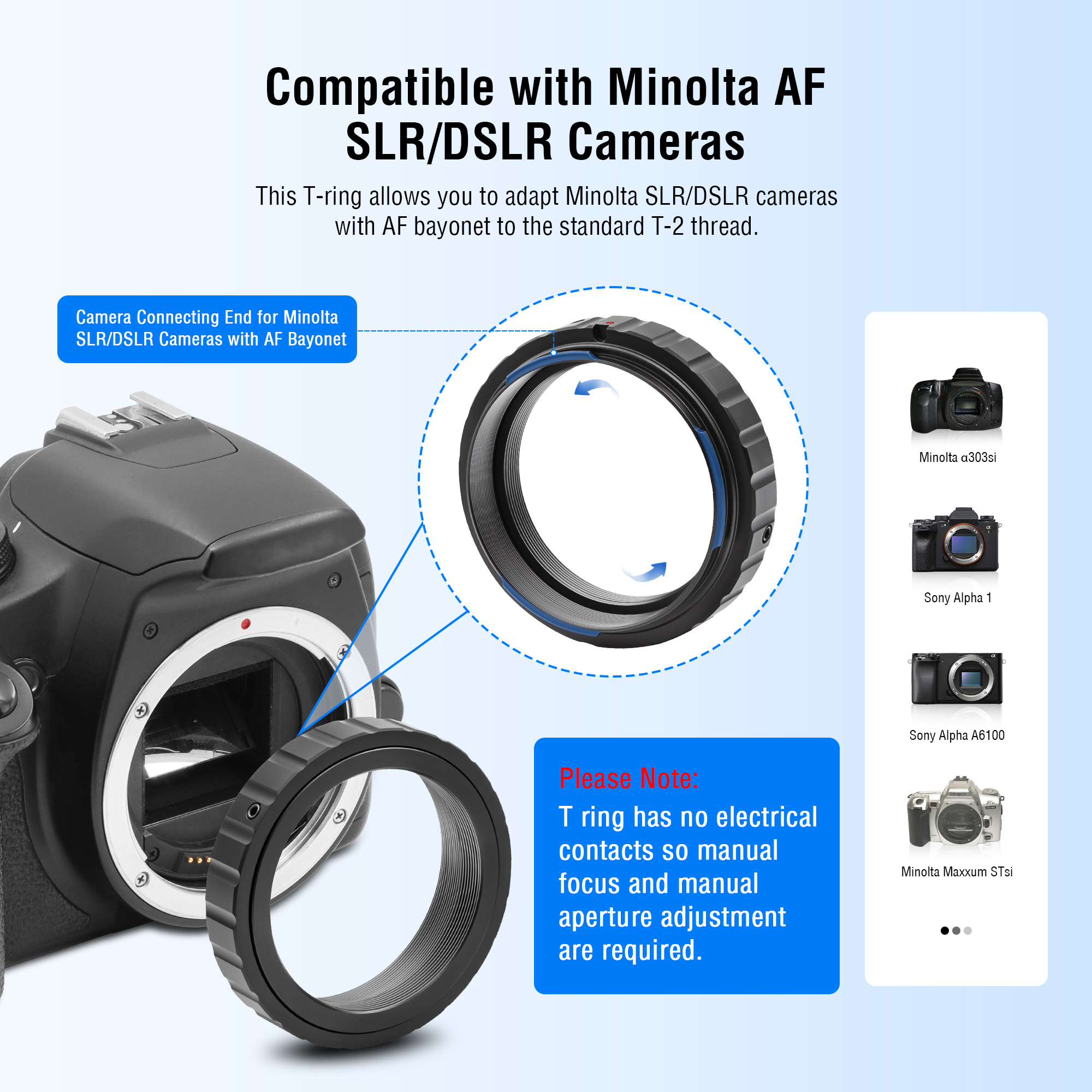 Astromania T-Adapter 1.25 Inches to M42 T-Mount & T2 T Ring Kit Compatible for Minolta SLR/DSLR Cameras with AF Bayonet, Metal Telescope Photo Camera DSLR Adapter Accessories for Astrophotography
