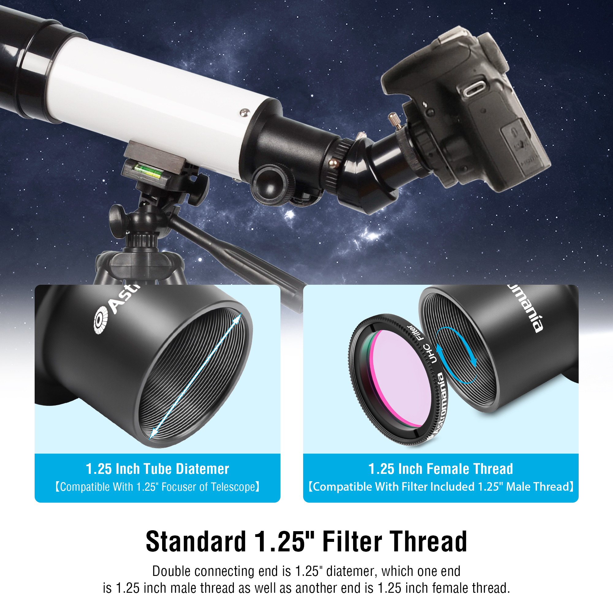Astromania Telescope Camera Adapter, T2 T Ring and T Adapter M42x0.75 Male Thread to 1.25 Inches Telescope Photo Adapter, T-Mount Telescope Astrophotography Accessories for Canon EOS SLR/DSLR Camera