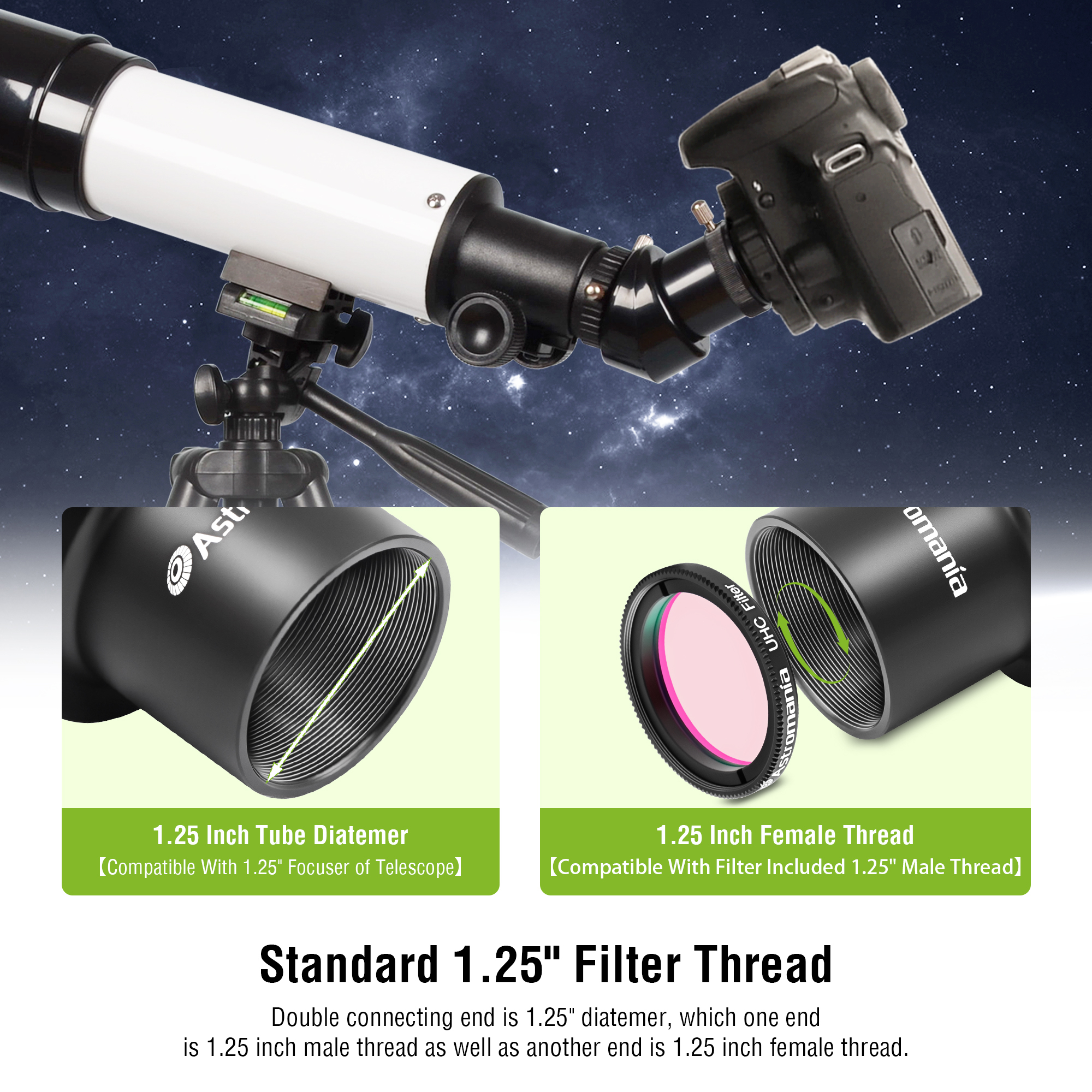 Astromania T2 T Ring and M42 T-Mount Telescope Camera Adapter, T-Ring for Nikon SLR/DSLR Camera with F-Bayonet & T Adapter 1.25 inches Astrophotography Telescope Accessory Fit for Astronomy Telescopes