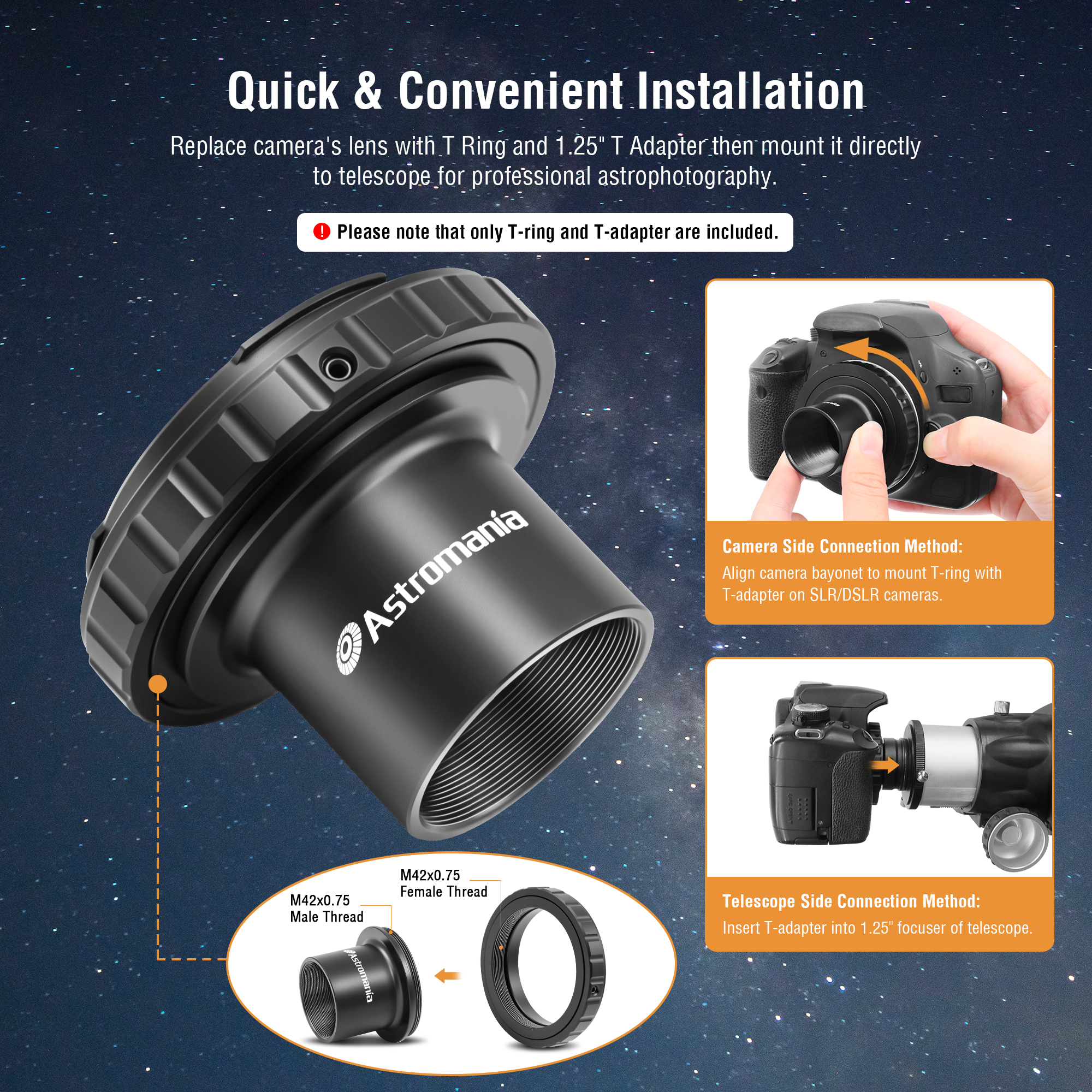 Astromania Telescope Photo Camera Adapter for Astrophotography, T Adapter (T-Mount) and T2 T Ring 1.25 inch Telescope Accessories for 42mm Pentax-K SLR/DSLR Cameras & 1.25 inches Astronomy Telescopes