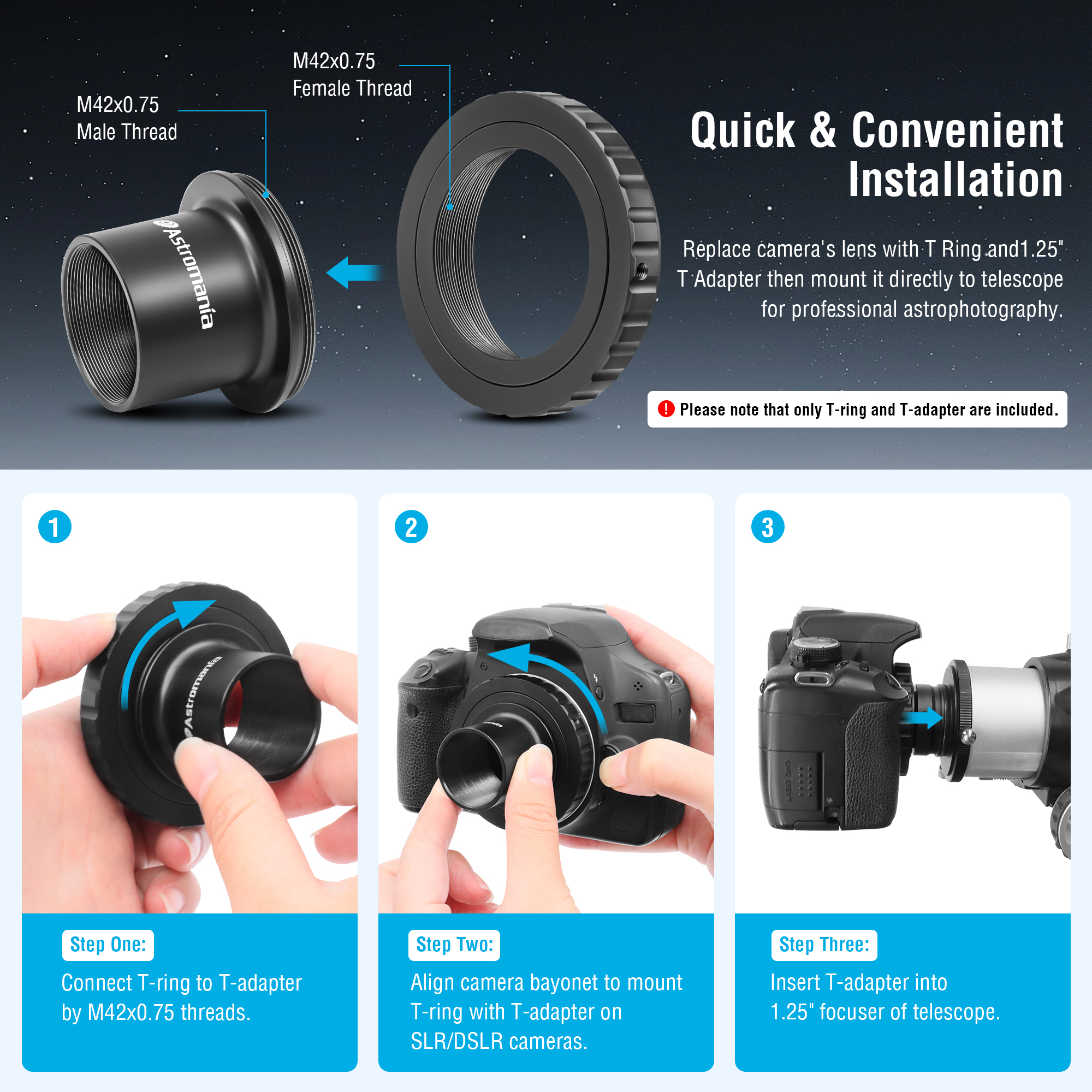 Astromania Telescope Camera Adapter, T2 T Ring and T Adapter M42x0.75 Male Thread to 1.25 Inches Telescope Photo Adapter, T-Mount Telescope Astrophotography Accessories for Canon EOS SLR/DSLR Camera