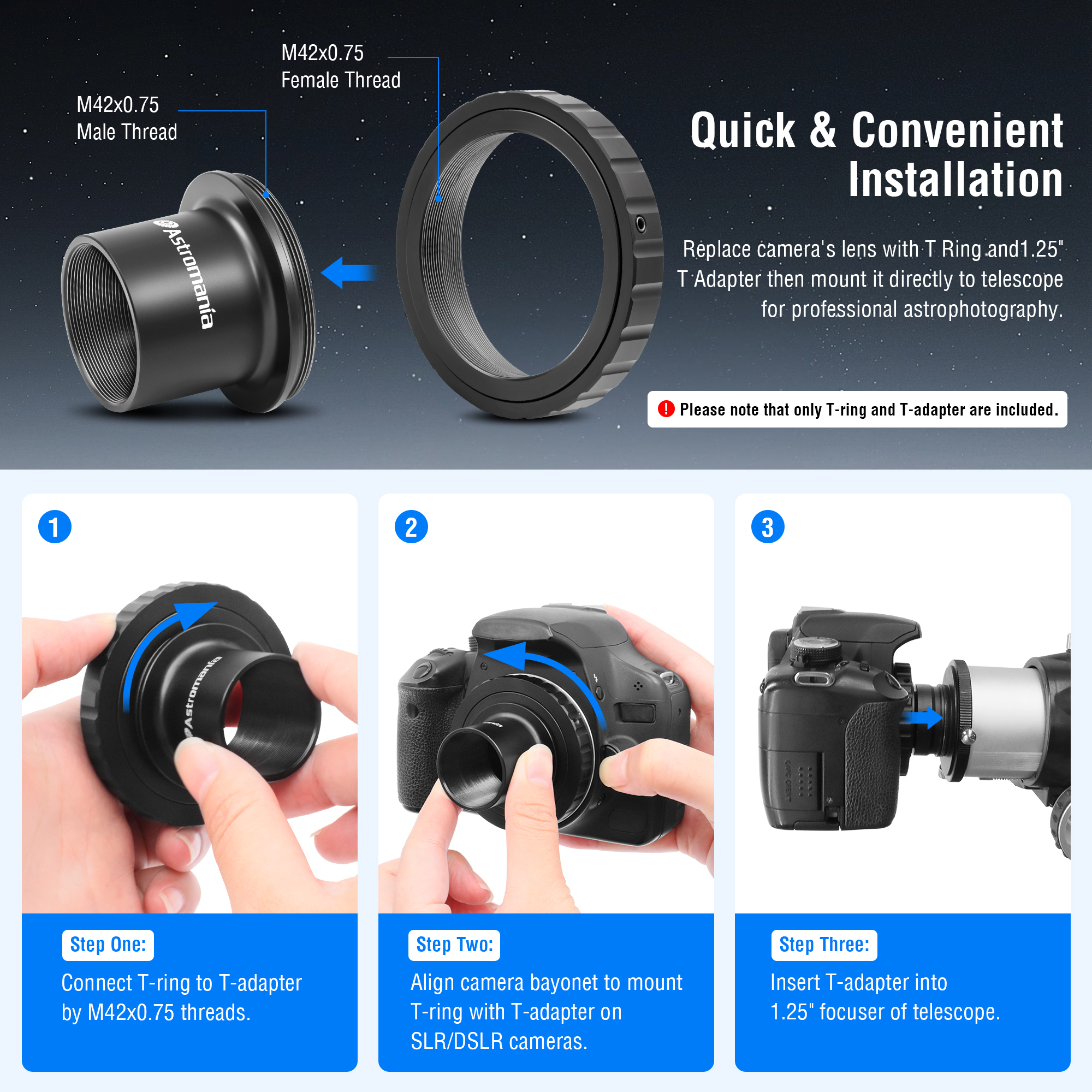 Astromania T-Adapter 1.25 Inches to M42 T-Mount & T2 T Ring Kit Compatible for Minolta SLR/DSLR Cameras with AF Bayonet, Metal Telescope Photo Camera DSLR Adapter Accessories for Astrophotography