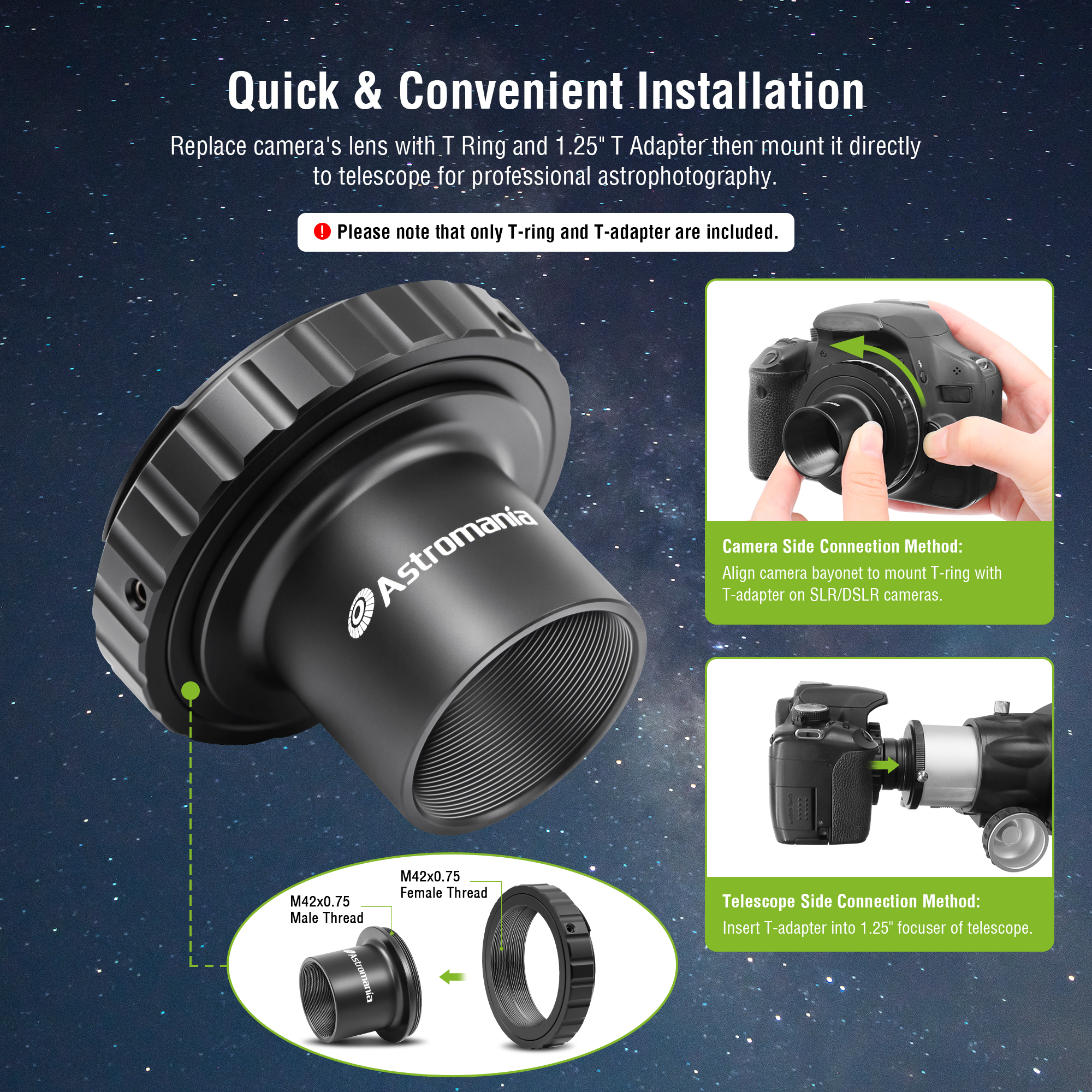 Astromania T2 T Ring and M42 T-Mount Telescope Camera Adapter, T-Ring for Nikon SLR/DSLR Camera with F-Bayonet & T Adapter 1.25 inches Astrophotography Telescope Accessory Fit for Astronomy Telescopes