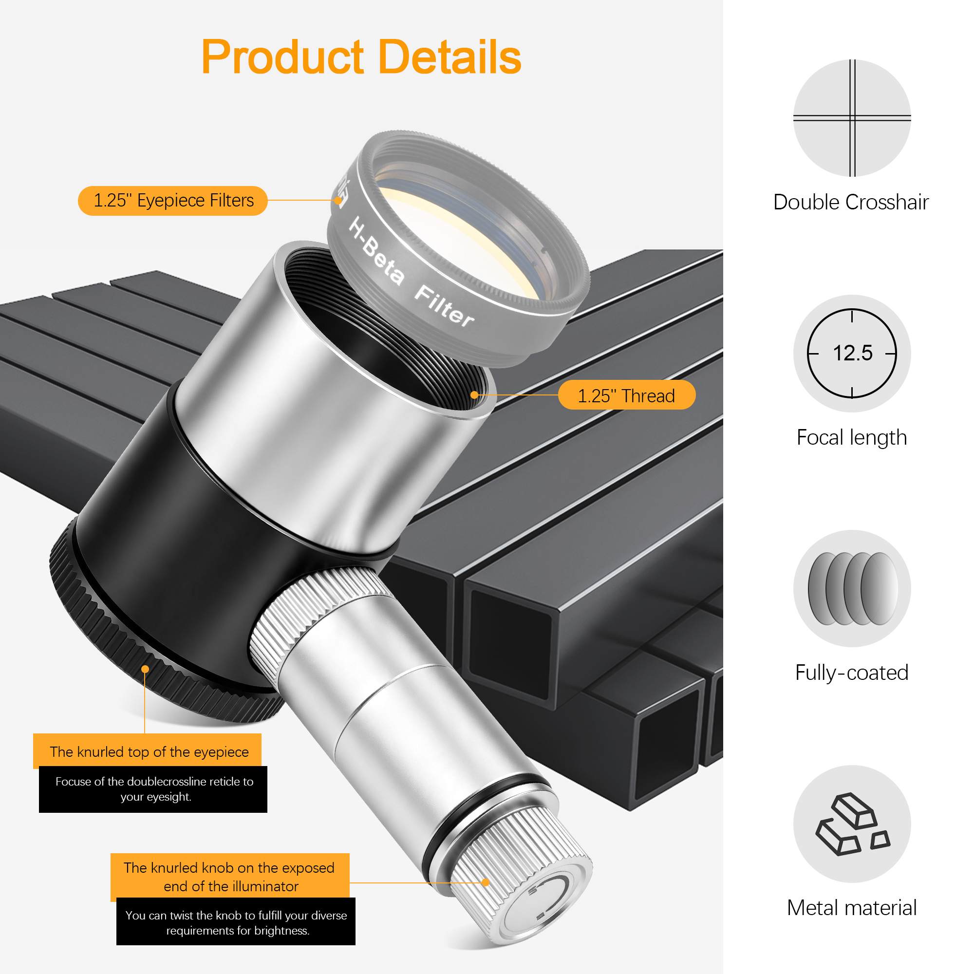 Astromania 12.5mm Illuminated Reticle Plossl Telescope Eyepiece - for Perfectly Guided astrophotos