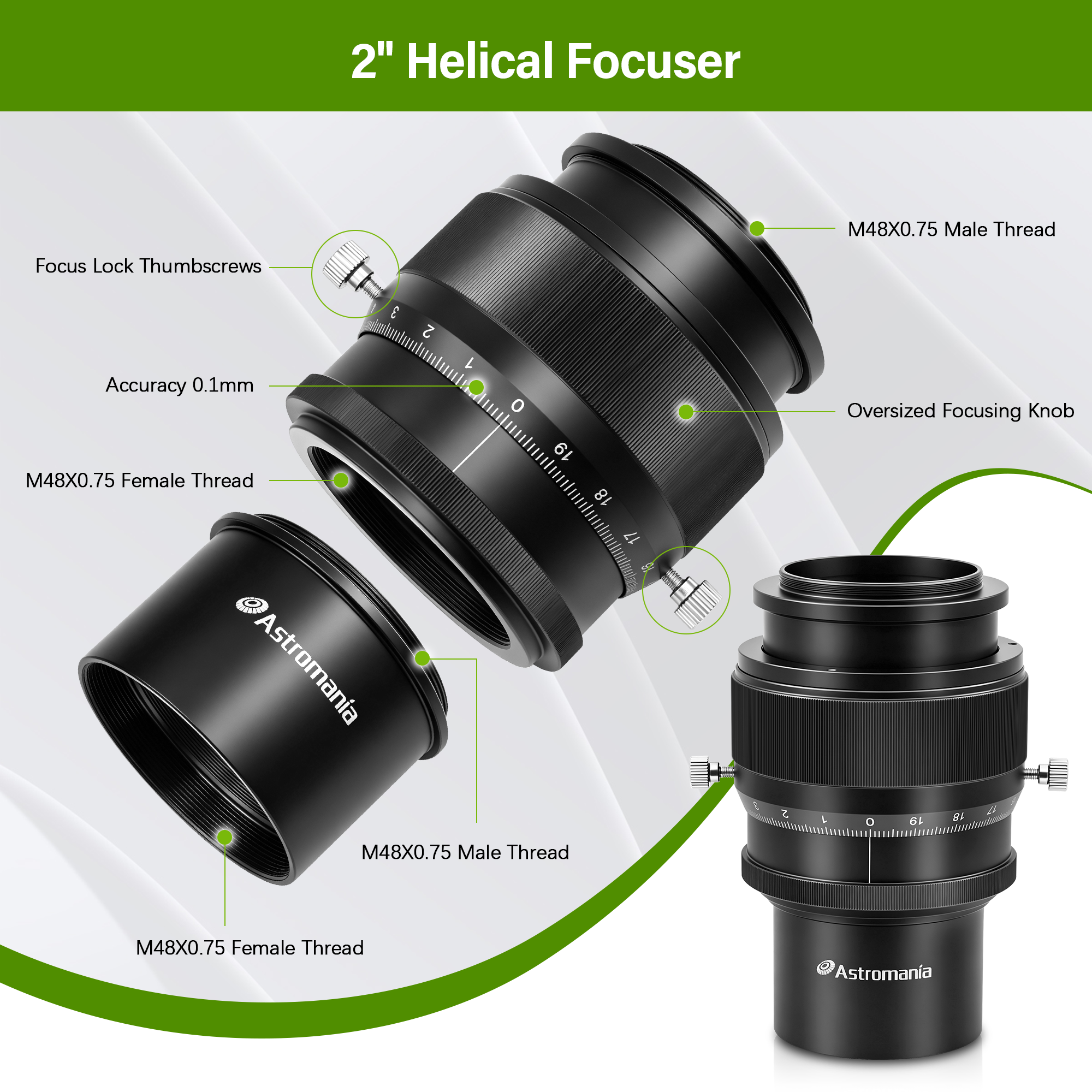 Astromania 2" Helical Micro Focuser with M48-thread and 0.1mm Scale for Telescope - sharper planets in any telescope