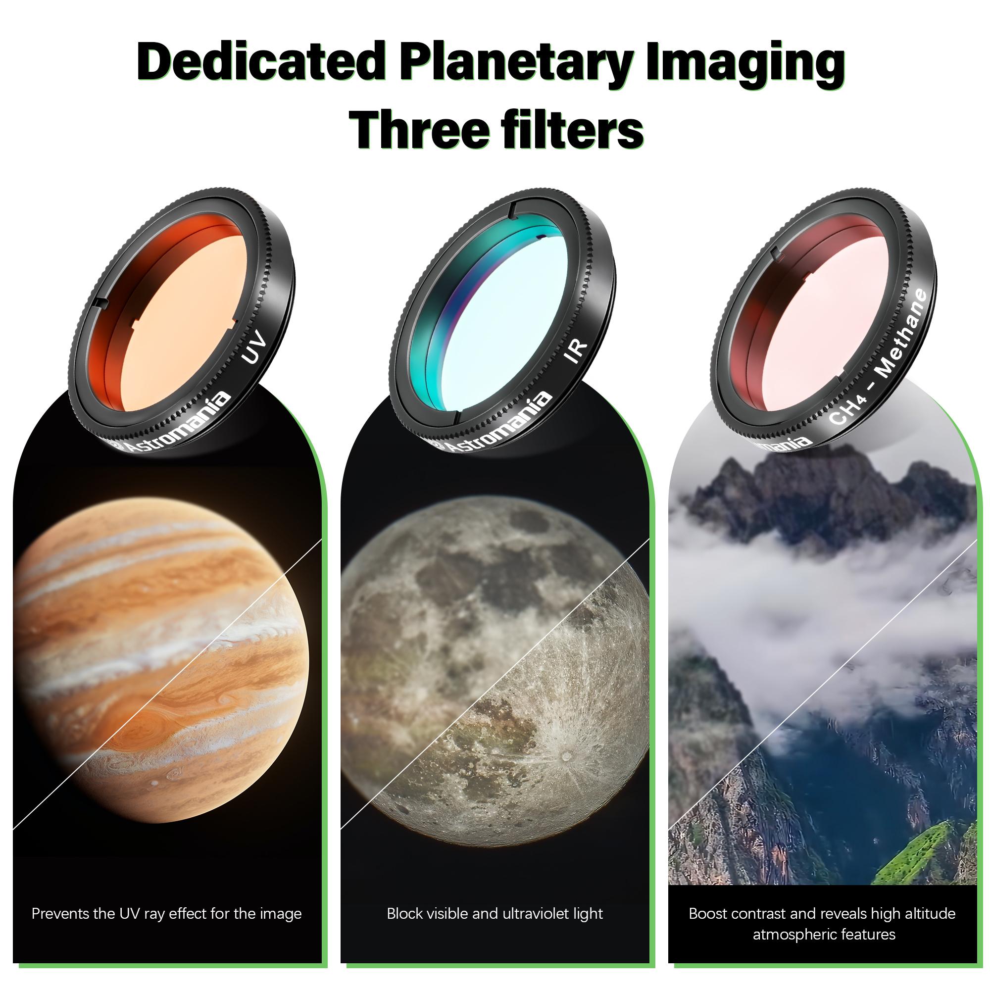 Astromania 1.25-Inch S pecialized Planetary Imaging Filter Set 3-Pieces (Ultraviolet (UV) filter/Methane (CH4) filter/Infrared (IR) filter)