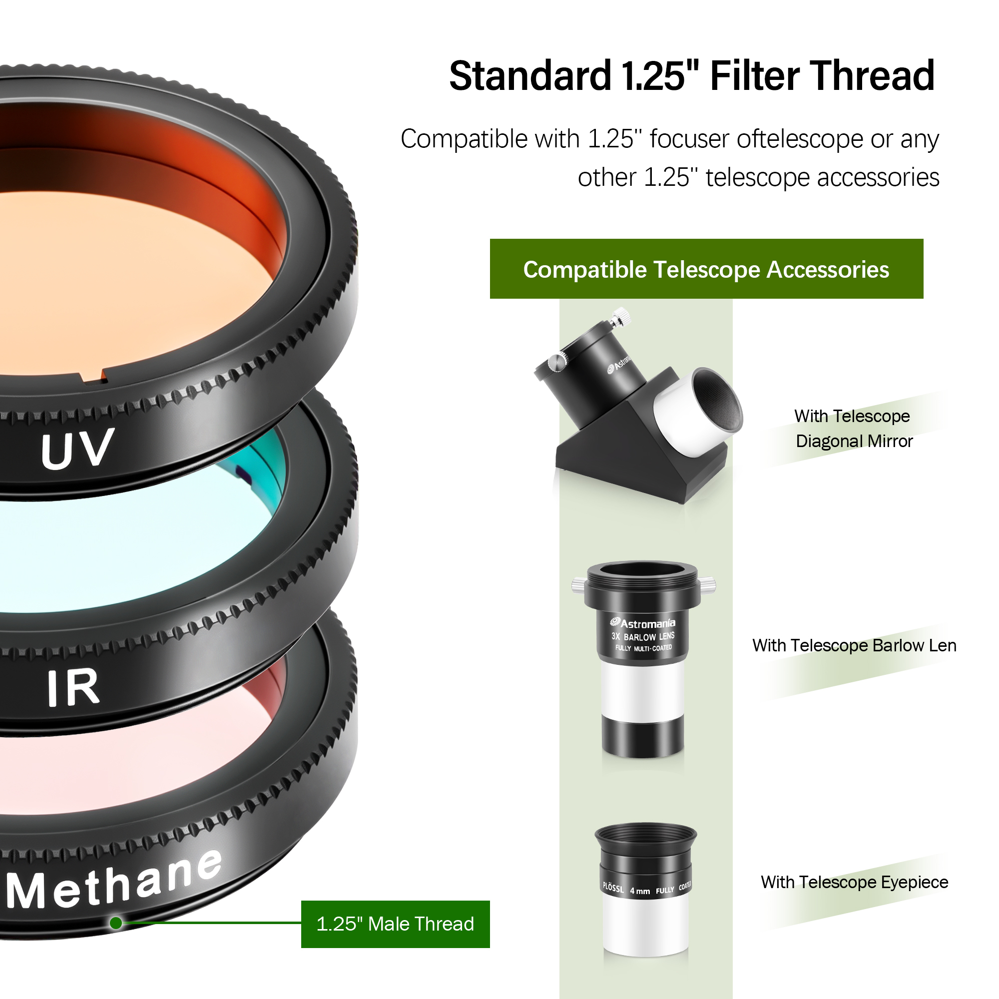 Astromania 1.25-Inch S pecialized Planetary Imaging Filter Set 3-Pieces (Ultraviolet (UV) filter/Methane (CH4) filter/Infrared (IR) filter)