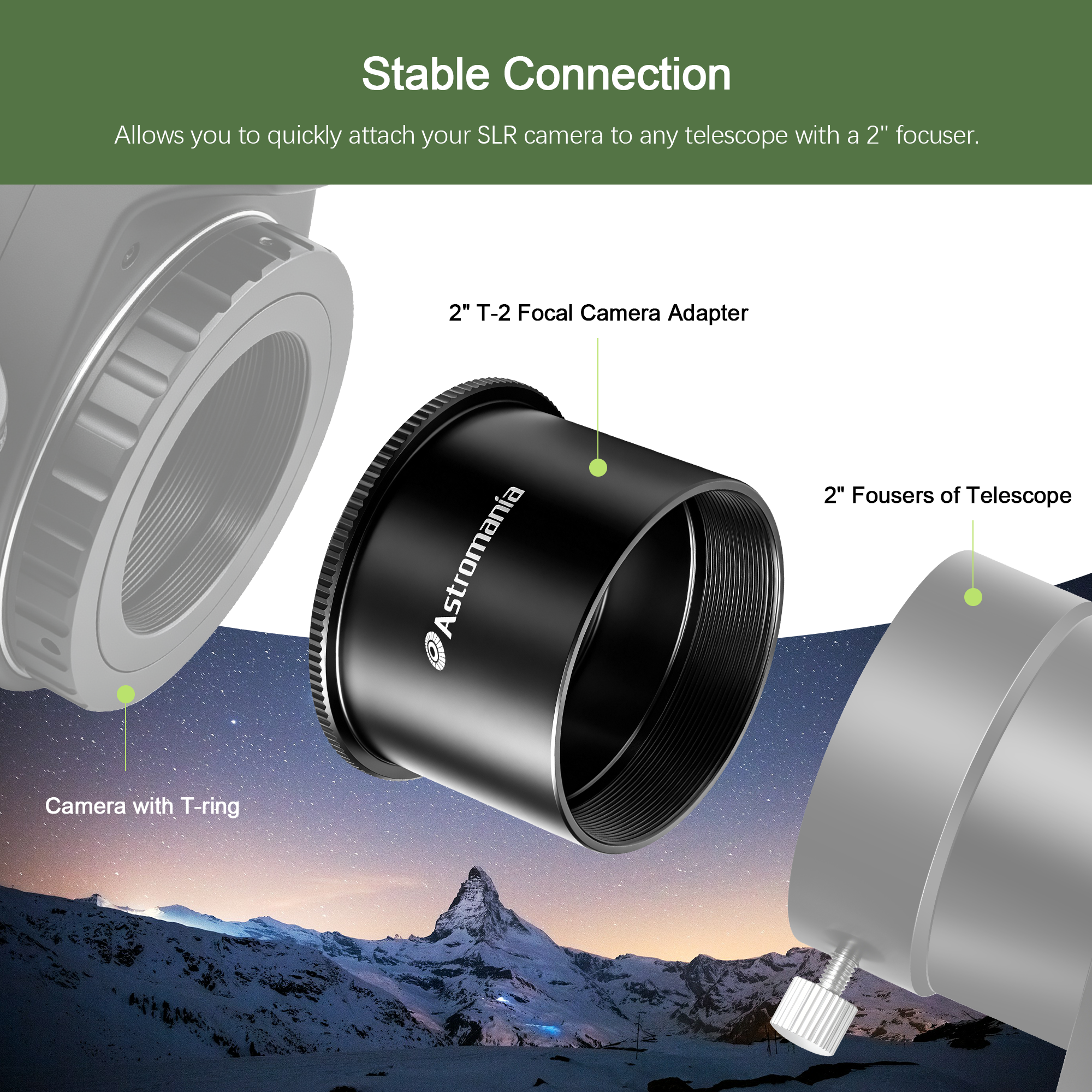 Astromania 2" T2 Focal Telescope Camera Adapter for SLR/DSLR Cameras Metal Telescope Camera Astrophotography Accessory Simply Attach Camera to Telescope M42 T Mount Adapter Compatible for Canon Nikon