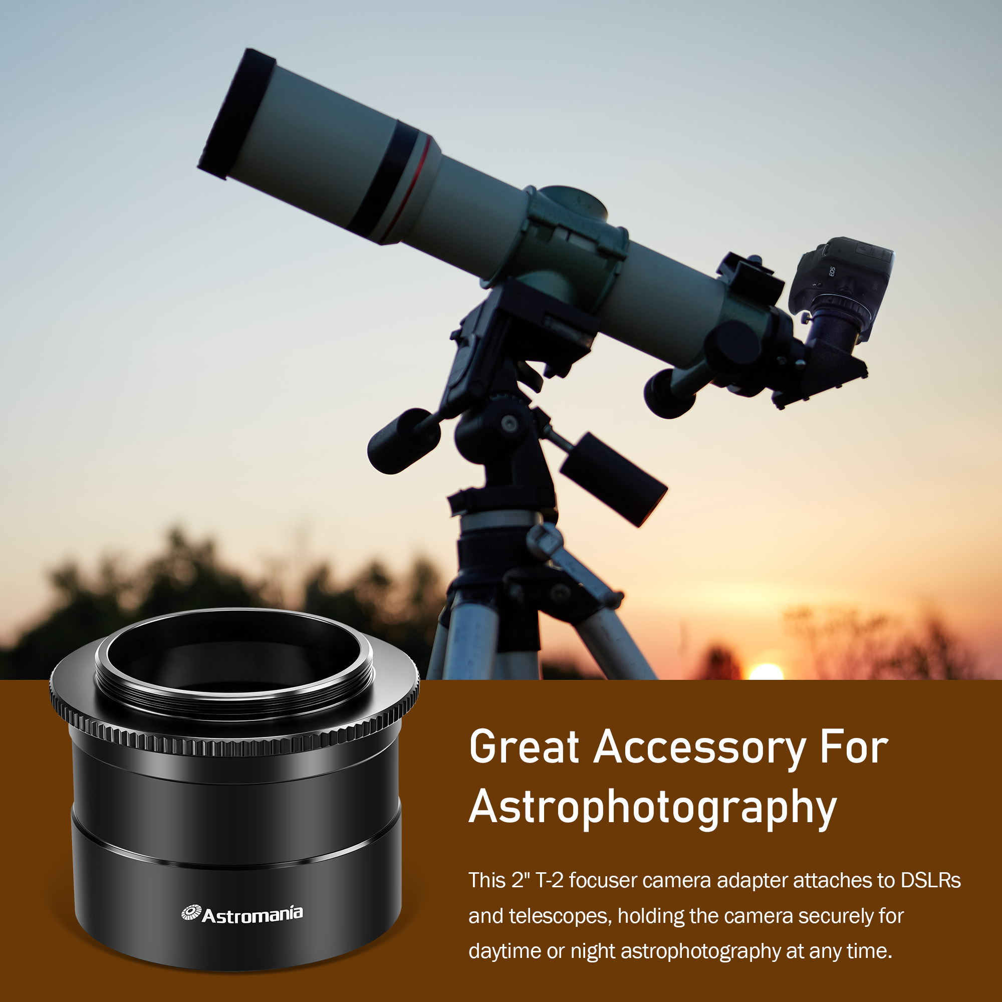 Astromania 2 Inch T2 Focal Telescope Camera Adapter Ⅱ for SLR/DSLR Cameras More Convenient with Groove Design to Simply Attach Camera to Telescope, Metal M42 T Mount Astronomy Adapter for Photography