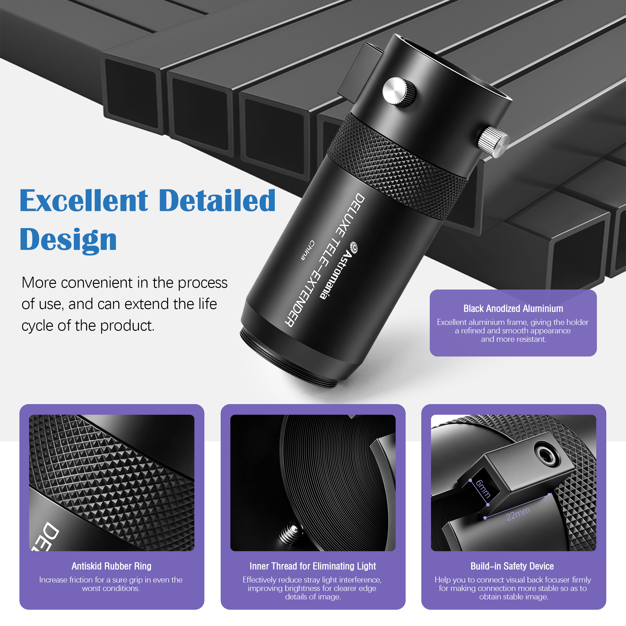 Astromania Telescope Camera Adapter for Astronomy Telescopes, Deluxe Tele Extender Photo Adapter Astrophotography Extended Cylinder Metal Telescope Accessories for Prime-Focus or Eyepiece-Projection