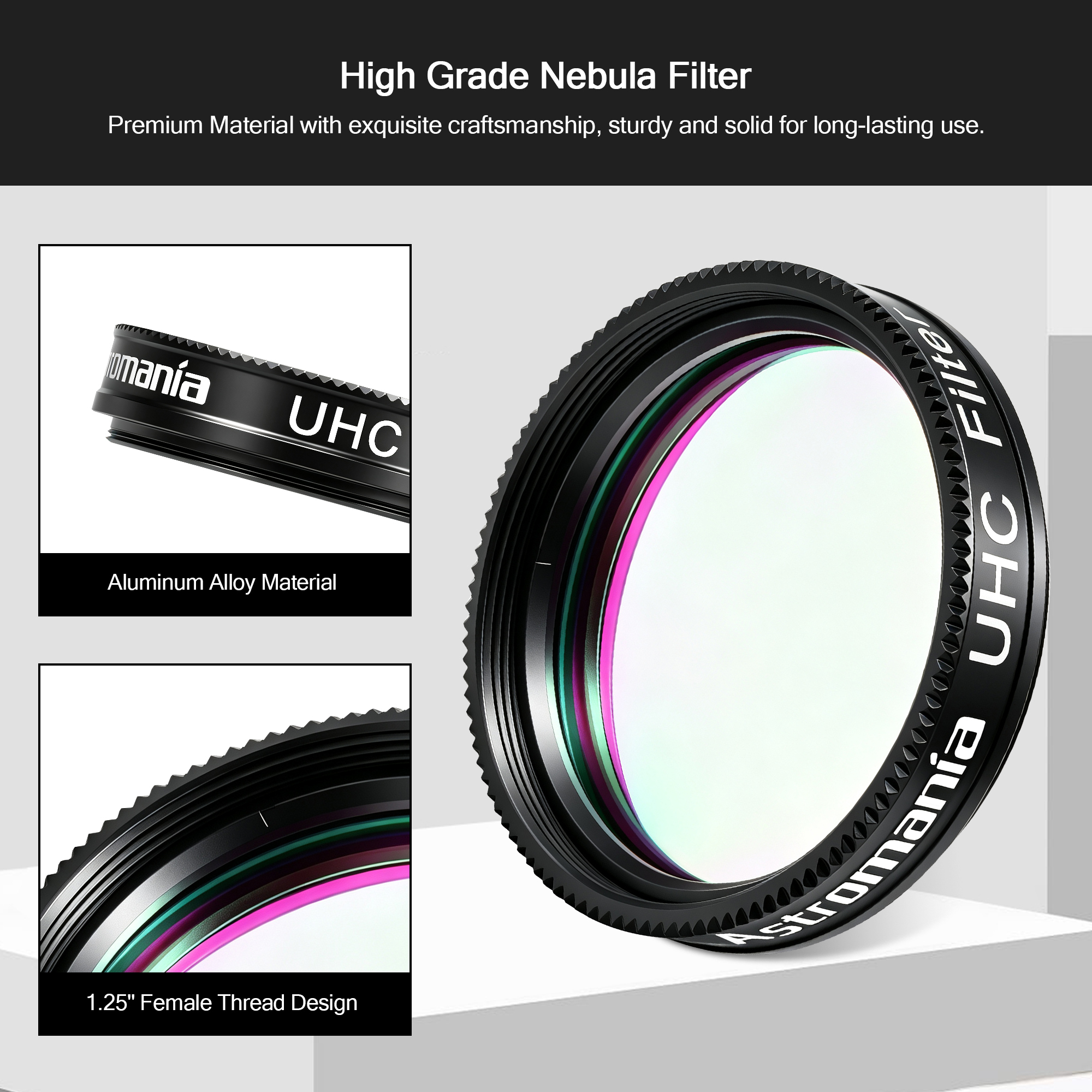 Astromania Telescope UHC Filter 1.25 Inch, Telescope Filter Improve Image Contrast Reduces Light Pollution, Telescope Accessories Nebula Filter for Superb Views of Orion, Swan and Other Extended Nebulae