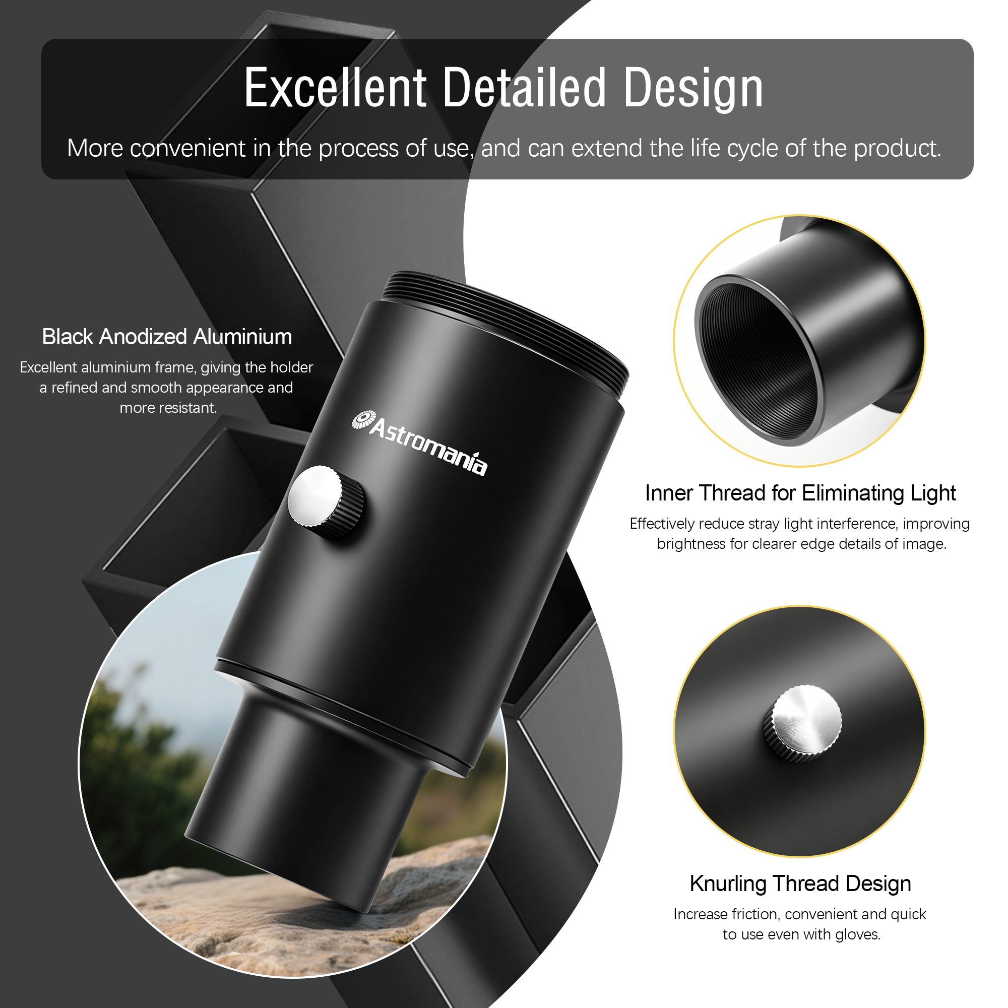 Astromania Telescope Photo Adapter, 1.25 Inch Fixed Camera Adapter Metal Telescope Accessories for Either Prime-Focus or Eyepiece-Projection Astrophotography Extended Cylinder for Astronomy Telescopes