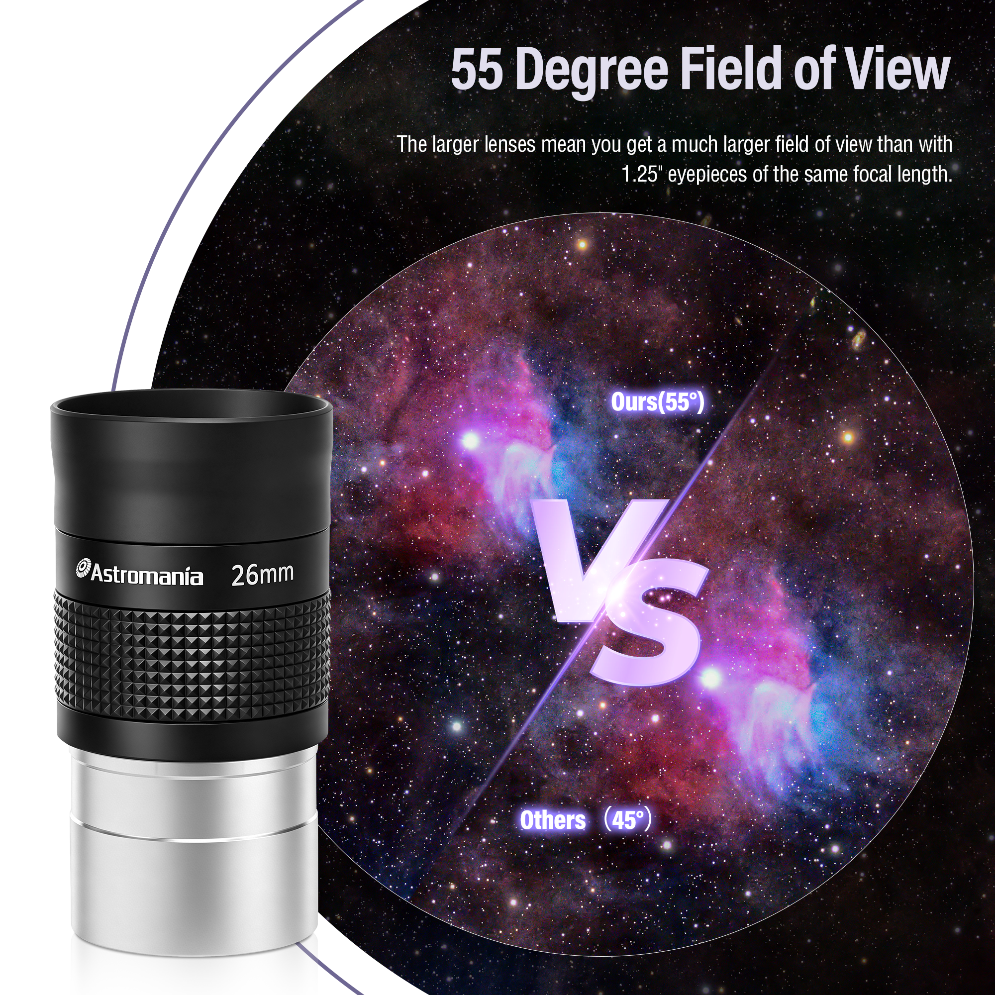 Astromania Telescope Eyepiece 2 inch, Kellner Wide Angle Eyepiece 55 Degree 26mm Telescope Lense, Fully Multi-Coated Eyepiece Telescope Accessory with Filter Thread for Astronomical Observation