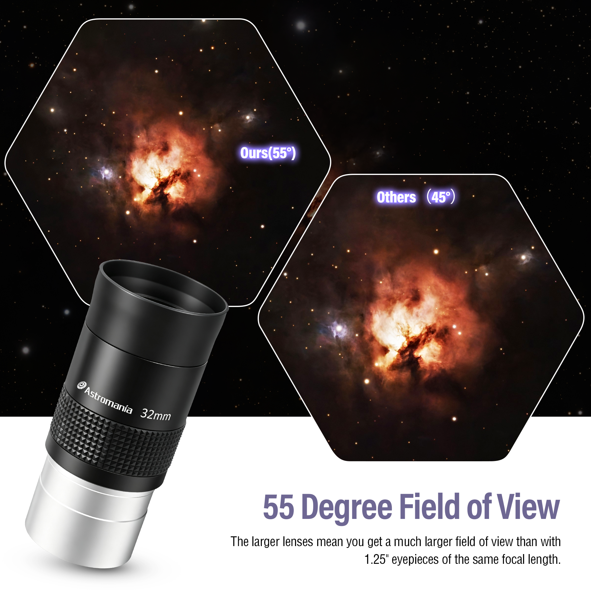 Astromania Eyepiece for Telescope 2 inch, Kellner Wide Angle Eyepiece 55 Degree 32mm Fully Multi-Coated Telescope Lense, Telescope Eyepiece Telescope Accessory with Filter Thread for Astronomical Observation