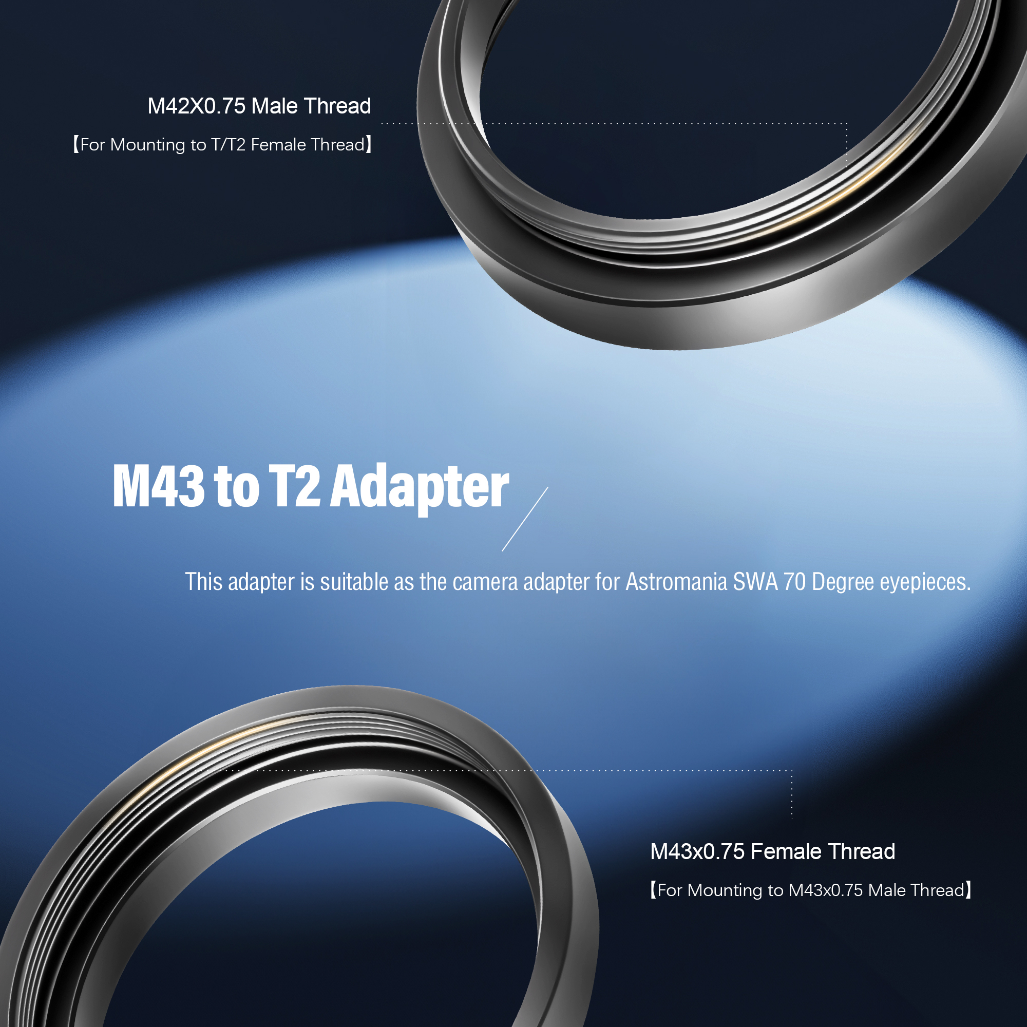 Astromania M43x0.75 Female to M42X0.75 T/T2 Male Thread Telescope Adapter-The camera adapter for Astromania 1.25"/2"-70 Degree Super Wide Angle (SWA)