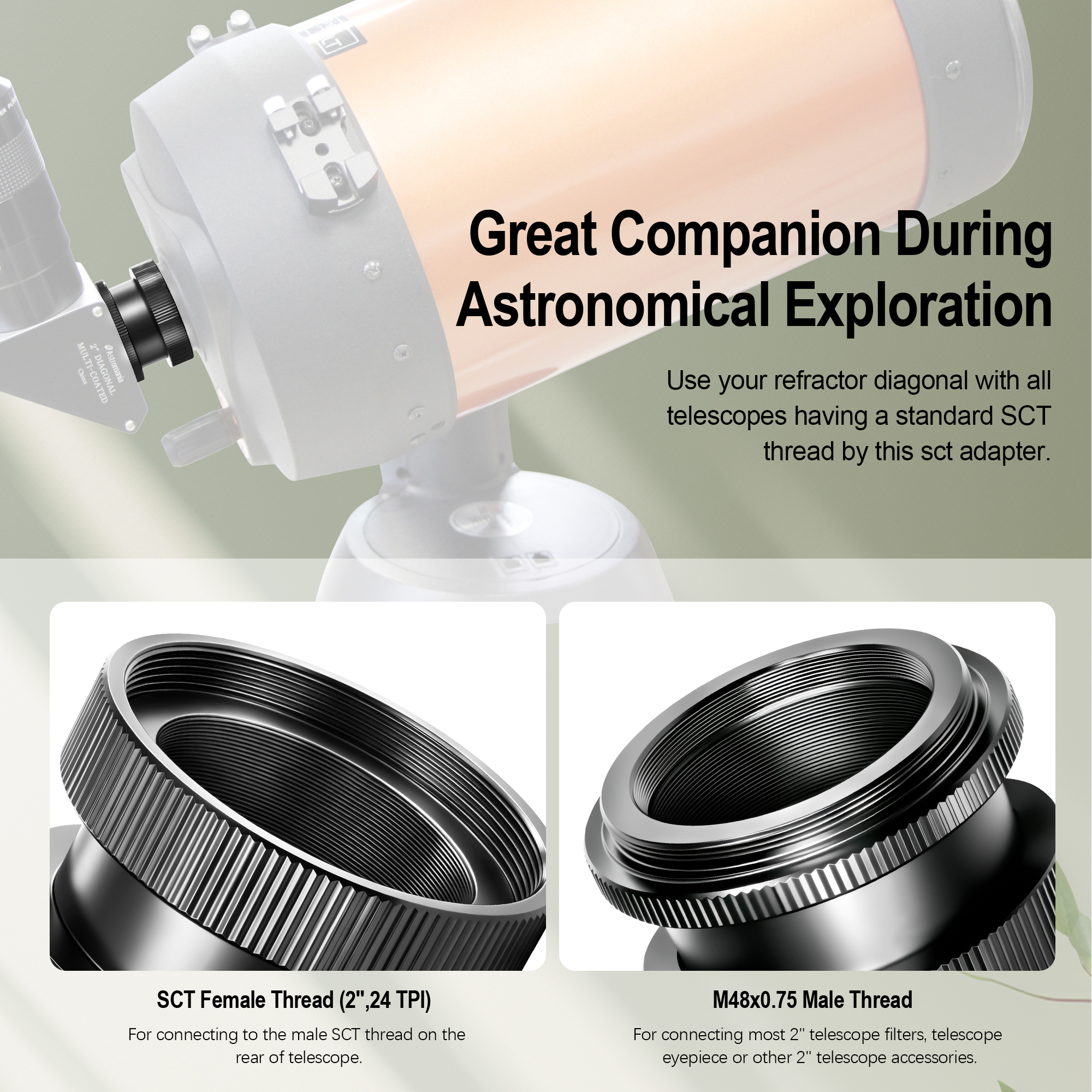 Astromania SCT Adapter for 2" SCT Diagonals - convert compatible push-in (refractor) type diagonals into a standard SCT diagonal