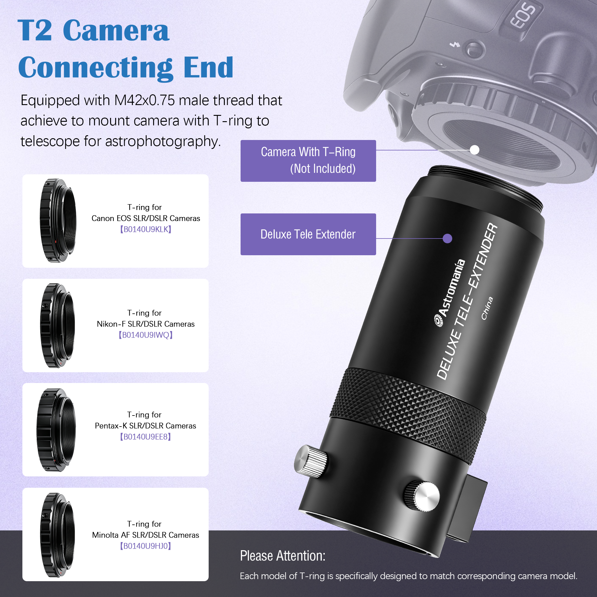Astromania Telescope Camera Adapter for Astronomy Telescopes, Deluxe Tele Extender Photo Adapter Astrophotography Extended Cylinder Metal Telescope Accessories for Prime-Focus or Eyepiece-Projection