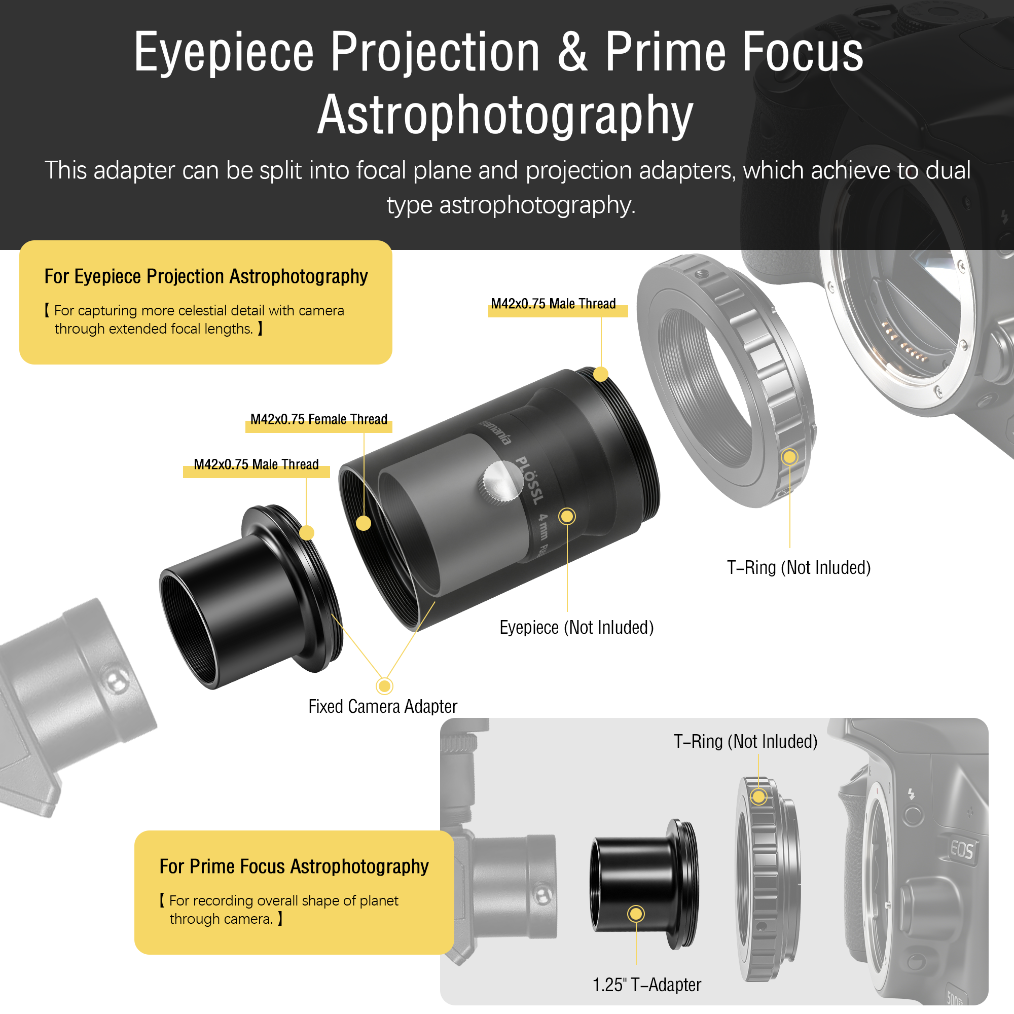 Astromania Telescope Photo Adapter, 1.25 Inch Fixed Camera Adapter Metal Telescope Accessories for Either Prime-Focus or Eyepiece-Projection Astrophotography Extended Cylinder for Astronomy Telescopes