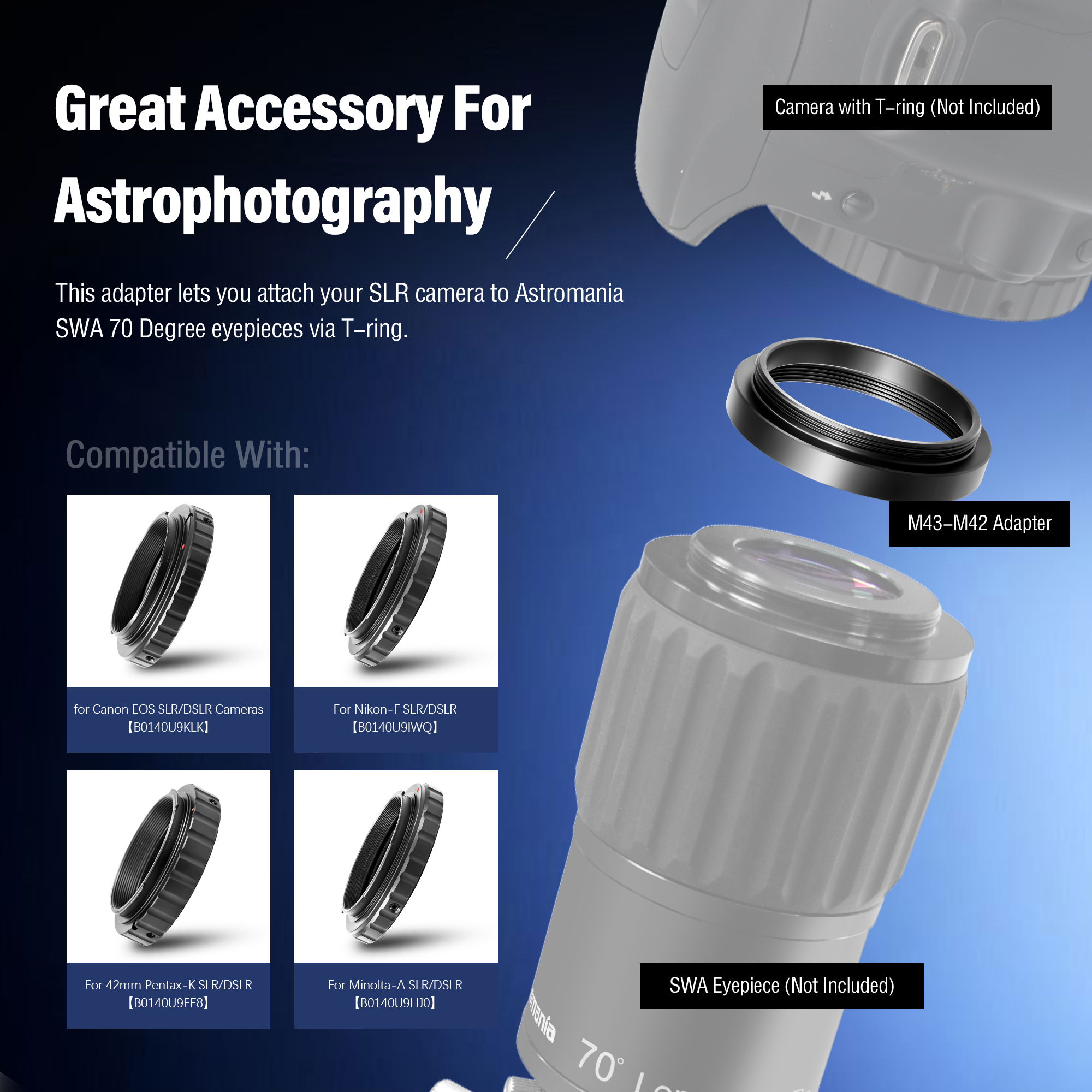 Astromania M43x0.75 Female to M42X0.75 T/T2 Male Thread Telescope Adapter-The camera adapter for Astromania 1.25"/2"-70 Degree Super Wide Angle (SWA)