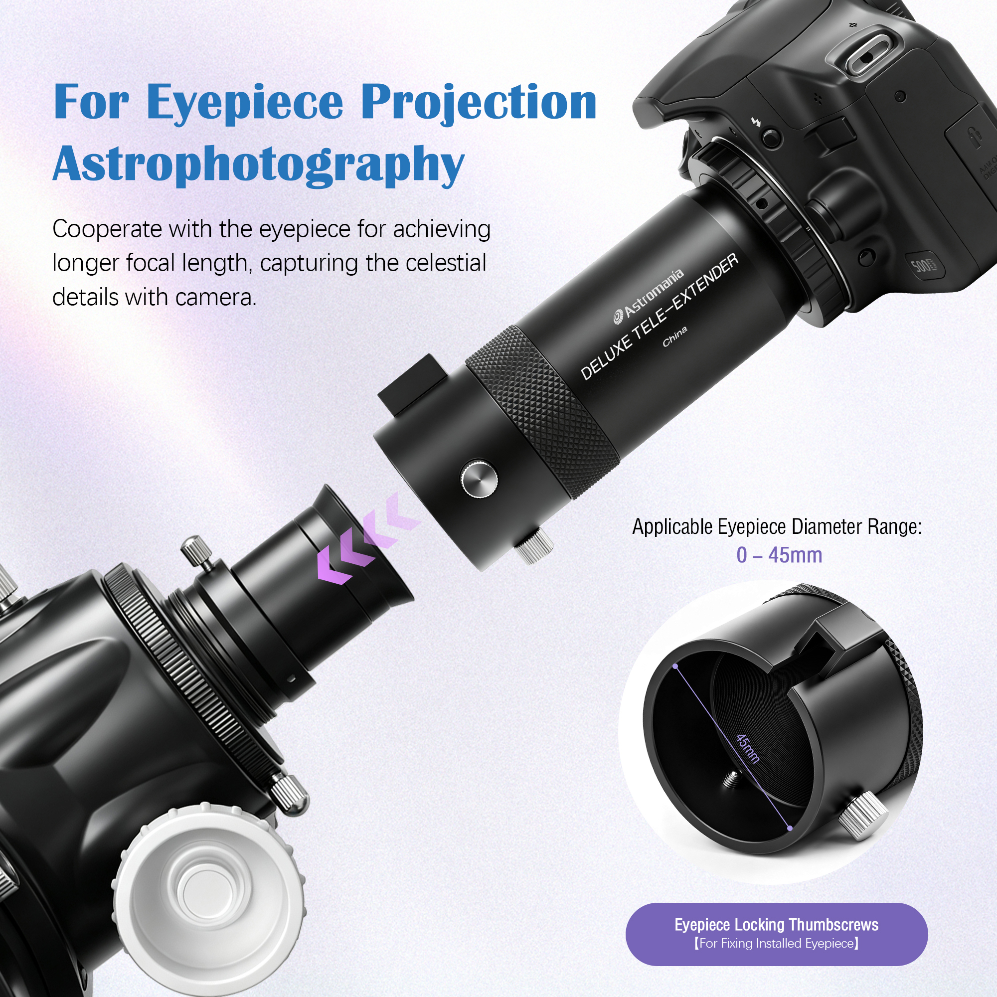 Astromania Telescope Camera Adapter for Astronomy Telescopes, Deluxe Tele Extender Photo Adapter Astrophotography Extended Cylinder Metal Telescope Accessories for Prime-Focus or Eyepiece-Projection