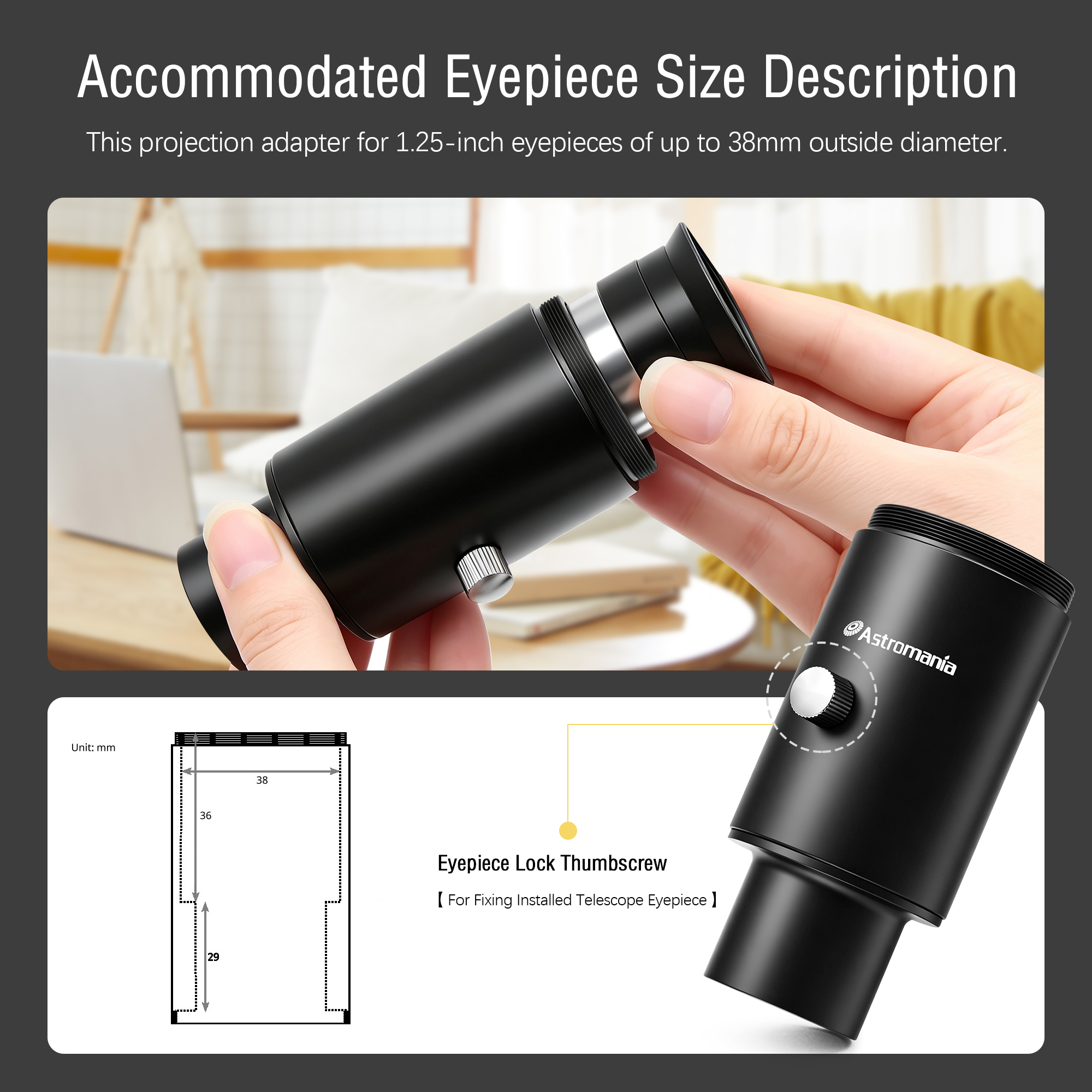 Astromania Telescope Photo Adapter, 1.25 Inch Fixed Camera Adapter Metal Telescope Accessories for Either Prime-Focus or Eyepiece-Projection Astrophotography Extended Cylinder for Astronomy Telescopes