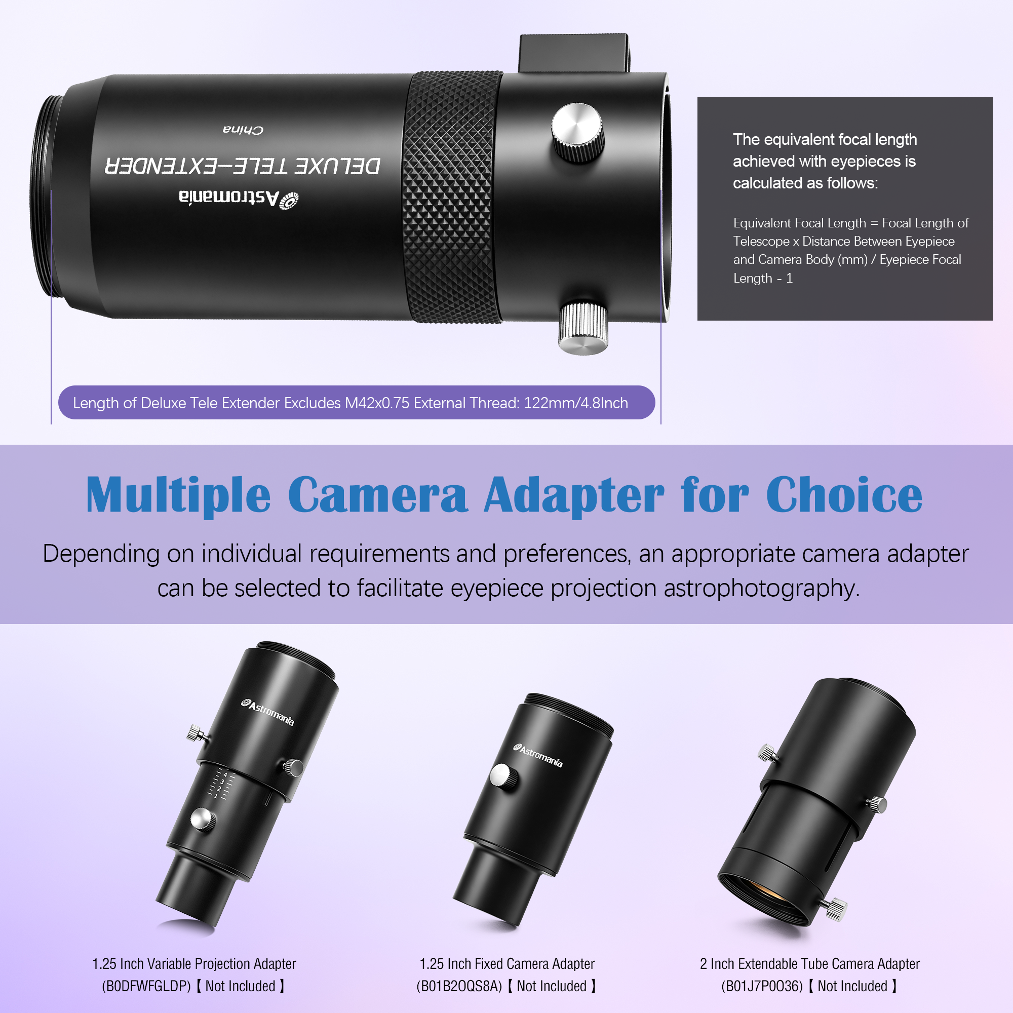 Astromania Telescope Camera Adapter for Astronomy Telescopes, Deluxe Tele Extender Photo Adapter Astrophotography Extended Cylinder Metal Telescope Accessories for Prime-Focus or Eyepiece-Projection