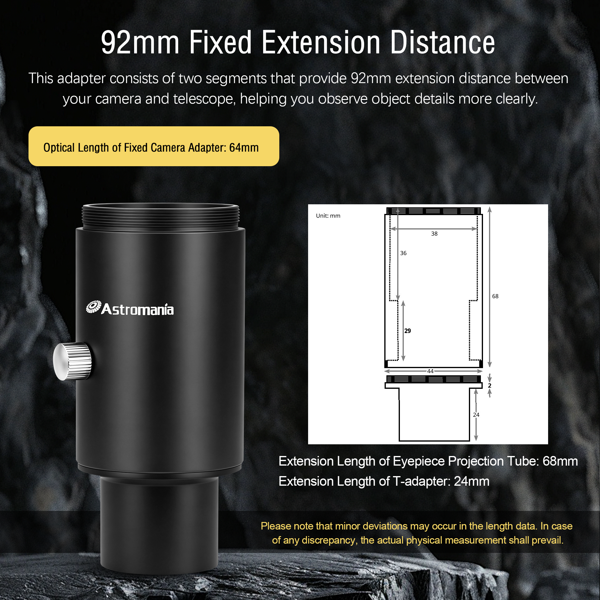 Astromania Telescope Photo Adapter, 1.25 Inch Fixed Camera Adapter Metal Telescope Accessories for Either Prime-Focus or Eyepiece-Projection Astrophotography Extended Cylinder for Astronomy Telescopes