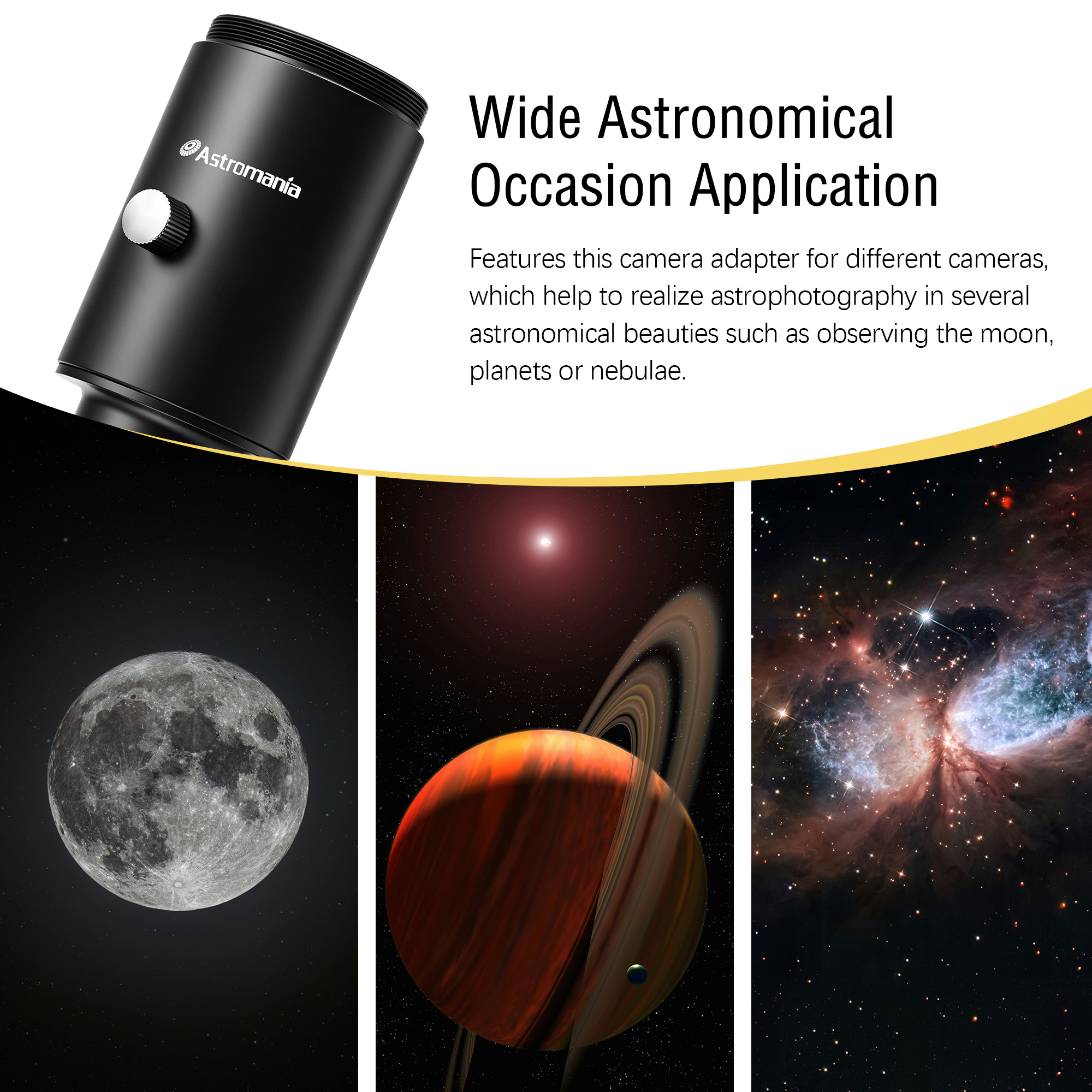 Astromania Telescope Photo Adapter, 1.25 Inch Fixed Camera Adapter Metal Telescope Accessories for Either Prime-Focus or Eyepiece-Projection Astrophotography Extended Cylinder for Astronomy Telescopes