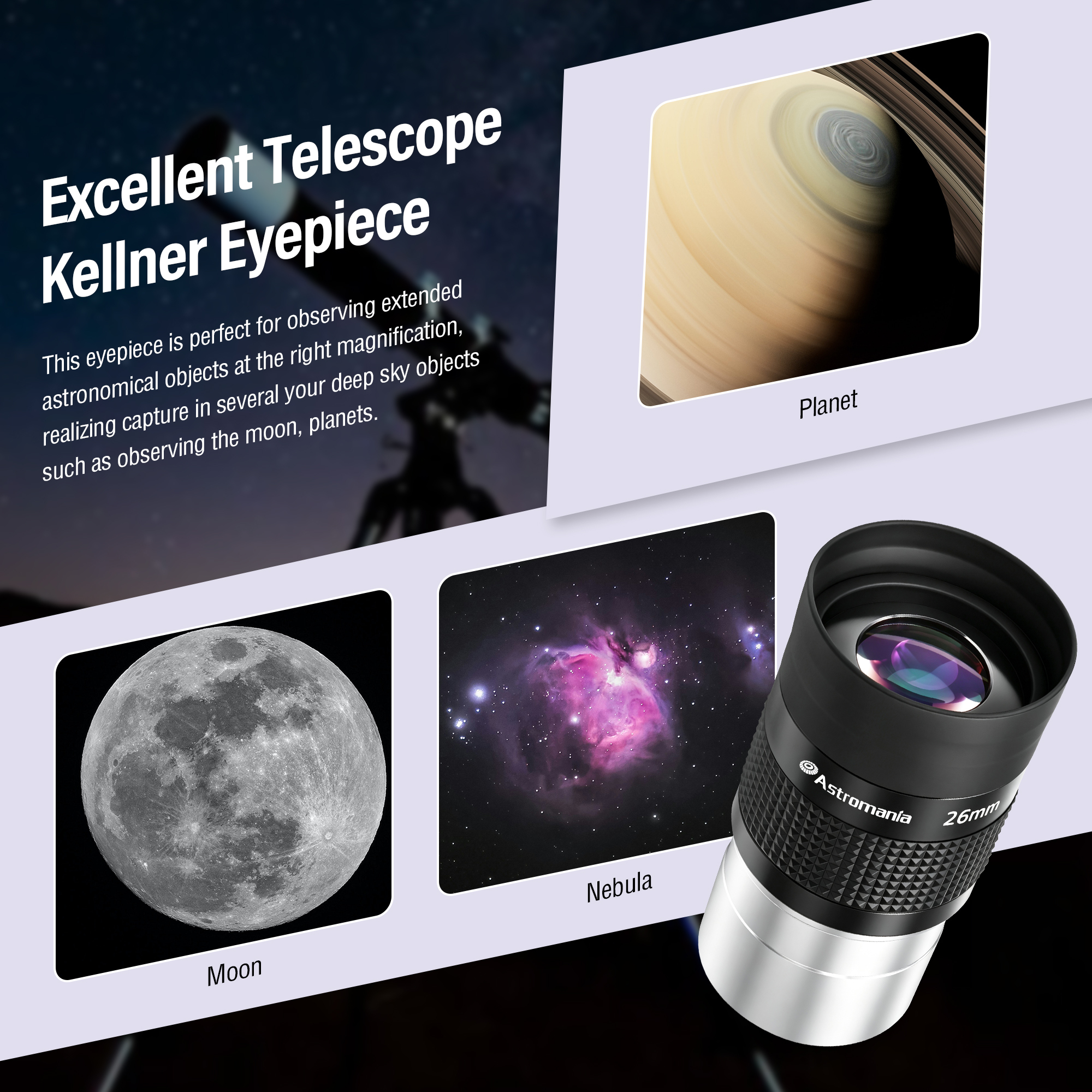 Astromania Telescope Eyepiece 2 inch, Kellner Wide Angle Eyepiece 55 Degree 26mm Telescope Lense, Fully Multi-Coated Eyepiece Telescope Accessory with Filter Thread for Astronomical Observation