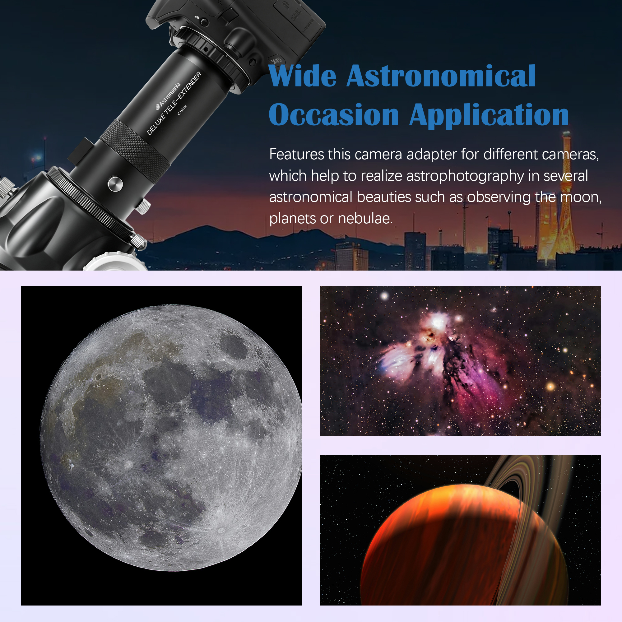 Astromania Telescope Camera Adapter for Astronomy Telescopes, Deluxe Tele Extender Photo Adapter Astrophotography Extended Cylinder Metal Telescope Accessories for Prime-Focus or Eyepiece-Projection