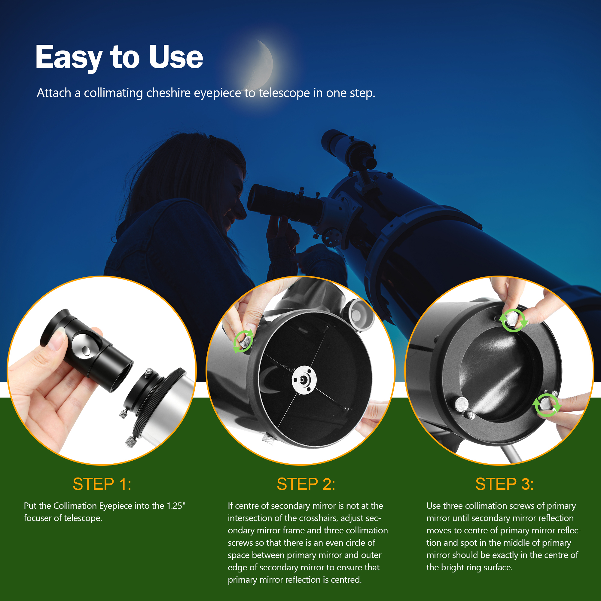 Astromania 1.25Inch Metal Collimating Cheshire Eyepiece without Laser for Newtonian Reflector Telescope - Short Version