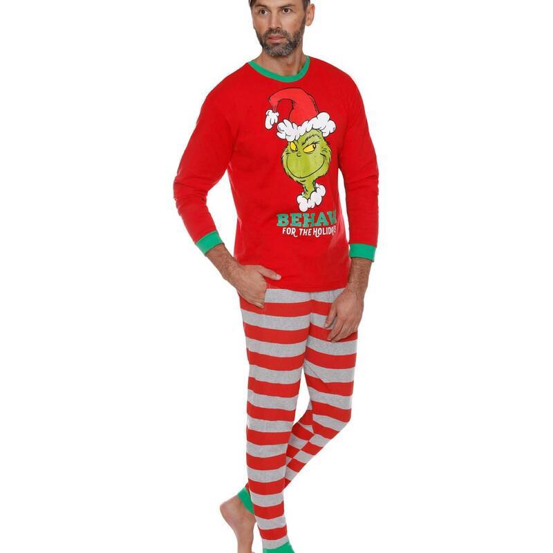 Grinch Print Top Striped Pants Matching Family Christmas Pajamas