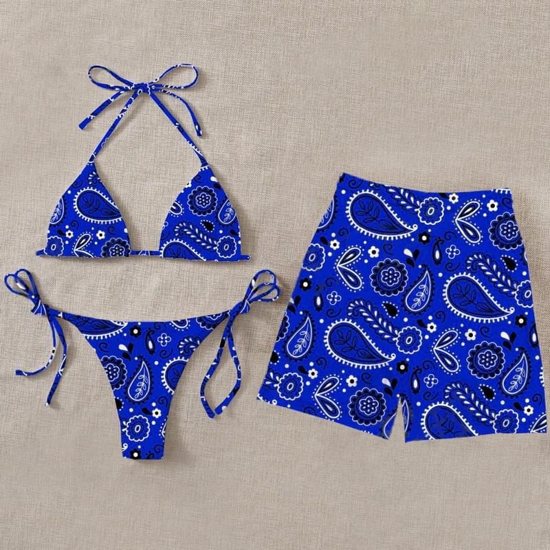 Blue His And Hers Bandana Print Couple Matching Swimsuits For Couples