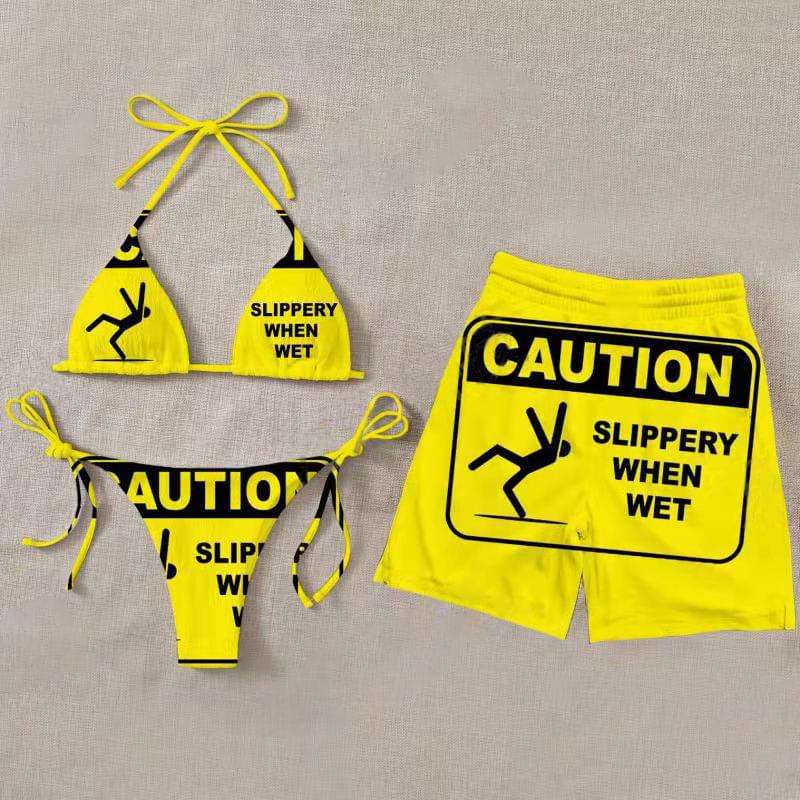 His And Hers Caution Sign Print Couple Matching Swimsuits For Couples