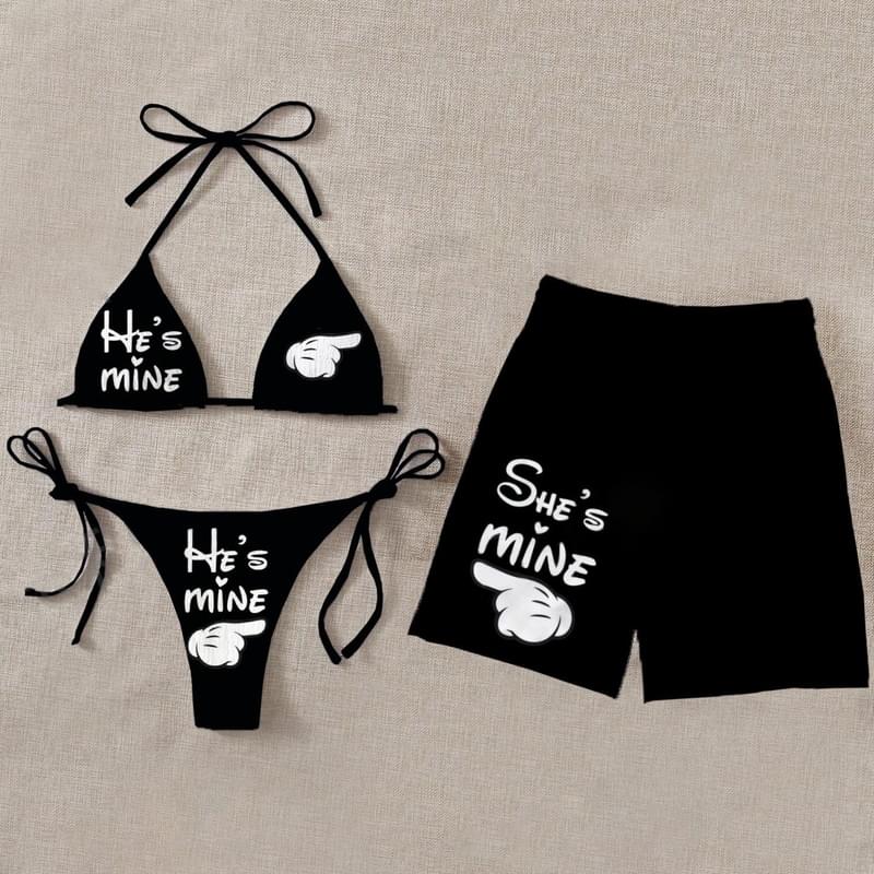 Black He She Mine Print Couple Matching Swimsuits For Couples