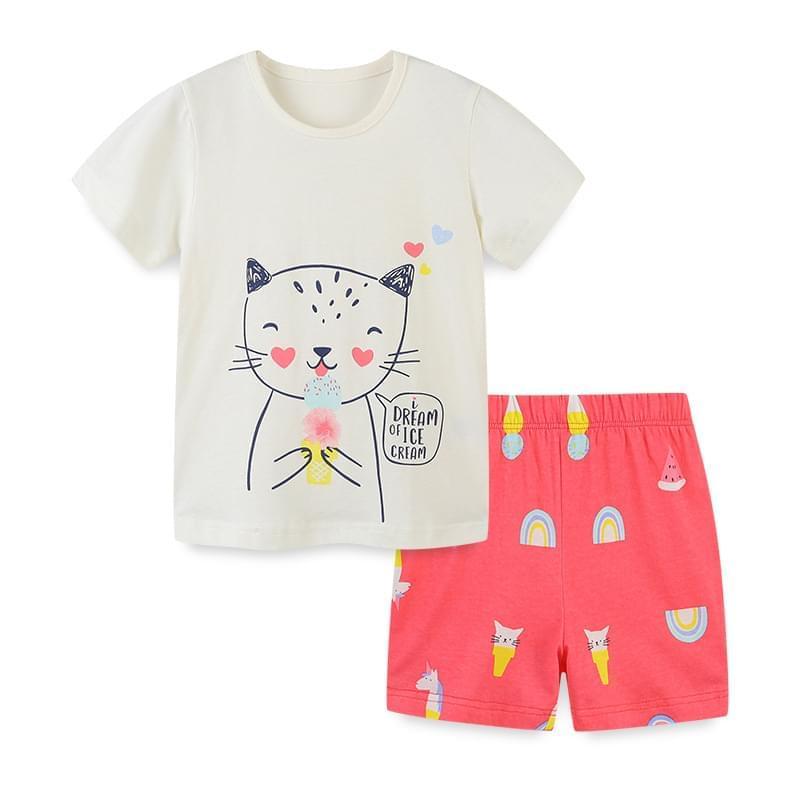 Cute Girl Shorts And Cat Print T Shirt 2 Piece Outfits