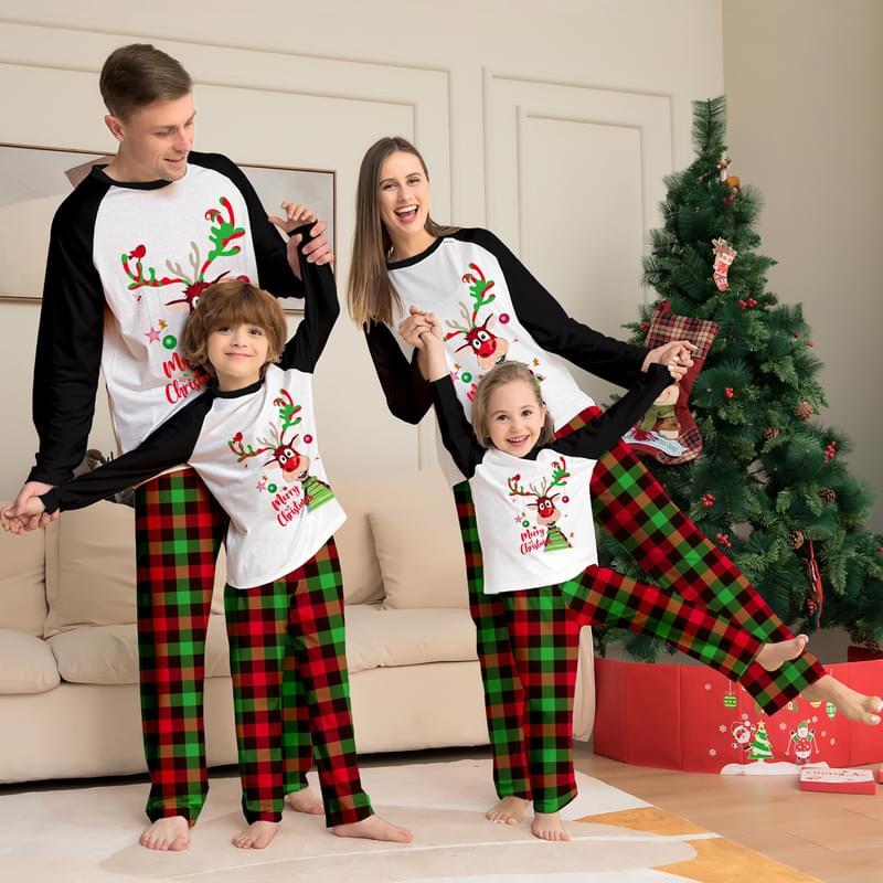 Women Reindeer Plaid Print Matching Family Christmas Holiday Pajamas