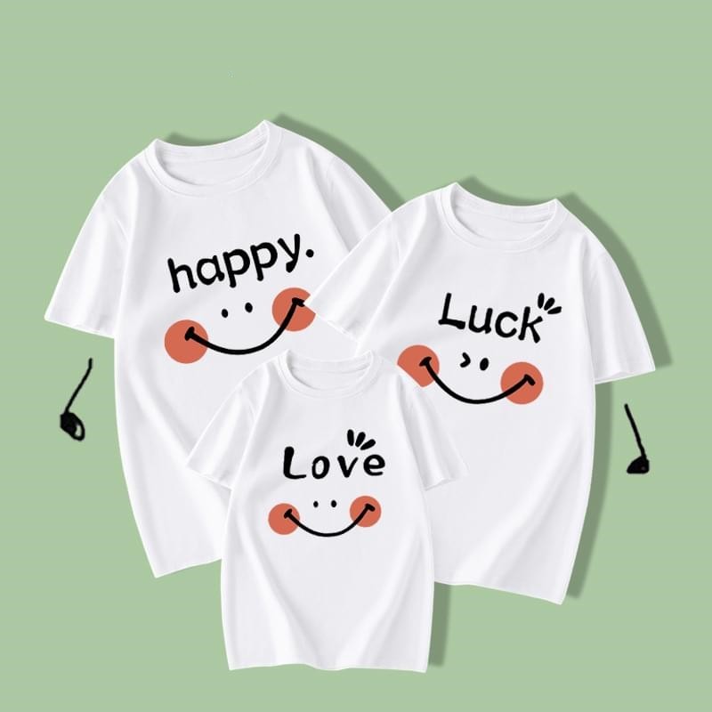 White Happy Luck Love Print Short Sleeve Funny Family Shirts