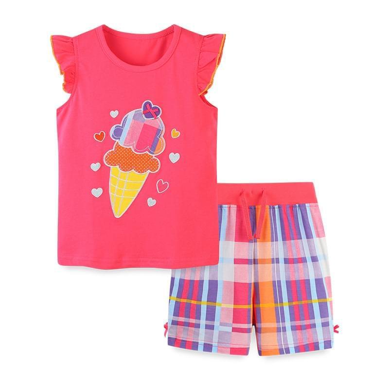 Girl Gingham Shorts Ice Cream Print T Shirt 2 Piece Outfits