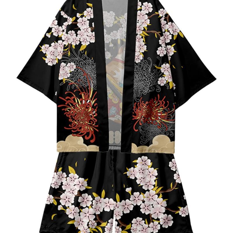 Men Short Sleeve Cherry Blossoms Cat Print Swim Trunks And Shirt Set
