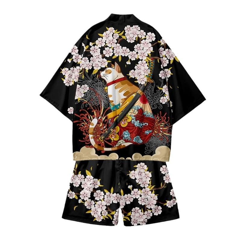Men Short Sleeve Cherry Blossoms Cat Print Swim Trunks And Shirt Set