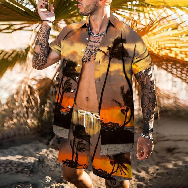 Unique Palm Print Big And Tall Hawaiian Style Shirts Swim Trunks Set