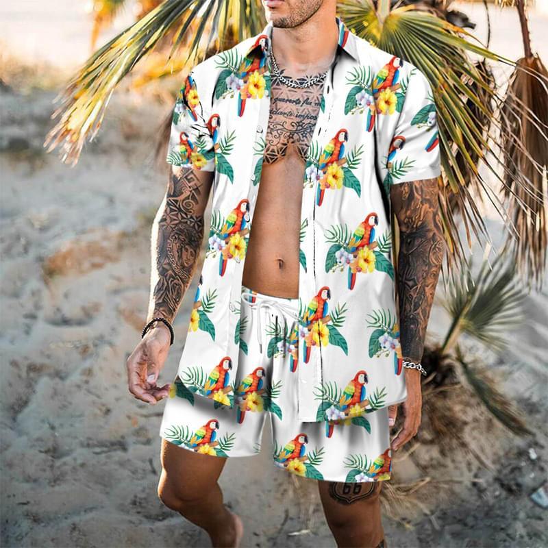 Men Parrot Flower Print Big And Tall Button Up Shirts Set