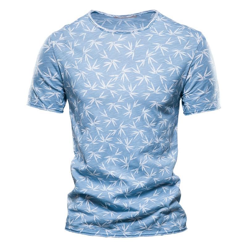 Blue Leaf Print Short Sleeve Mens Shirts
