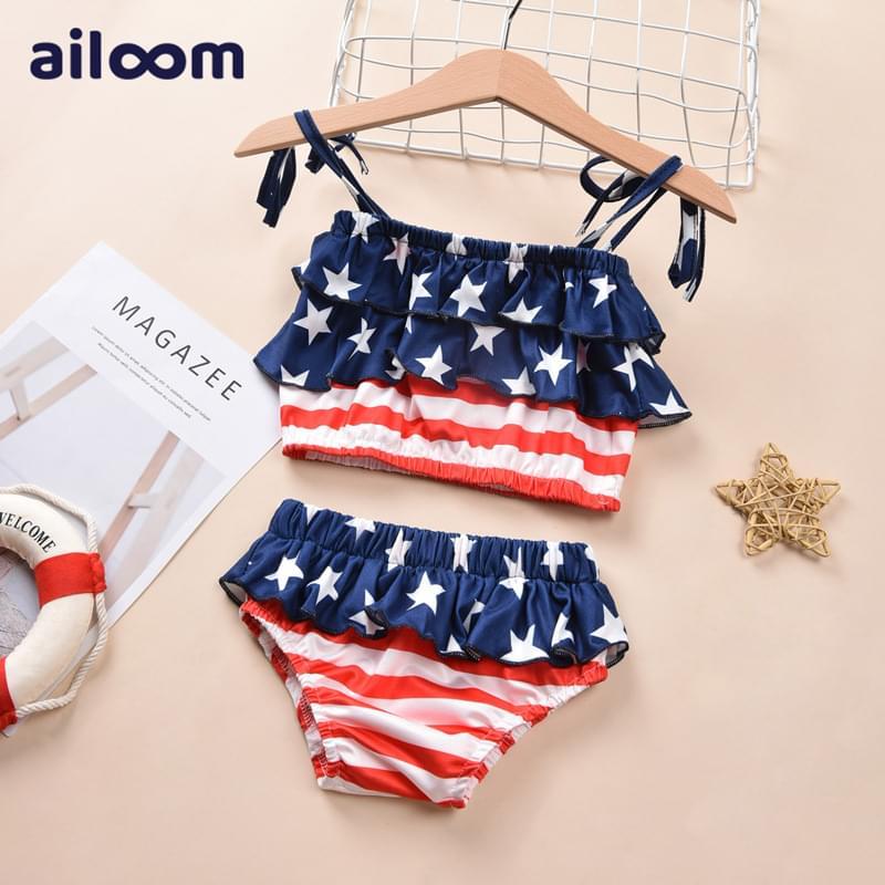 Little Girl American Flag Print Two Piece Swimsuit