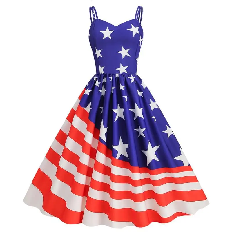 Women Spaghetti Strap American Flag Flare Midi Dress
